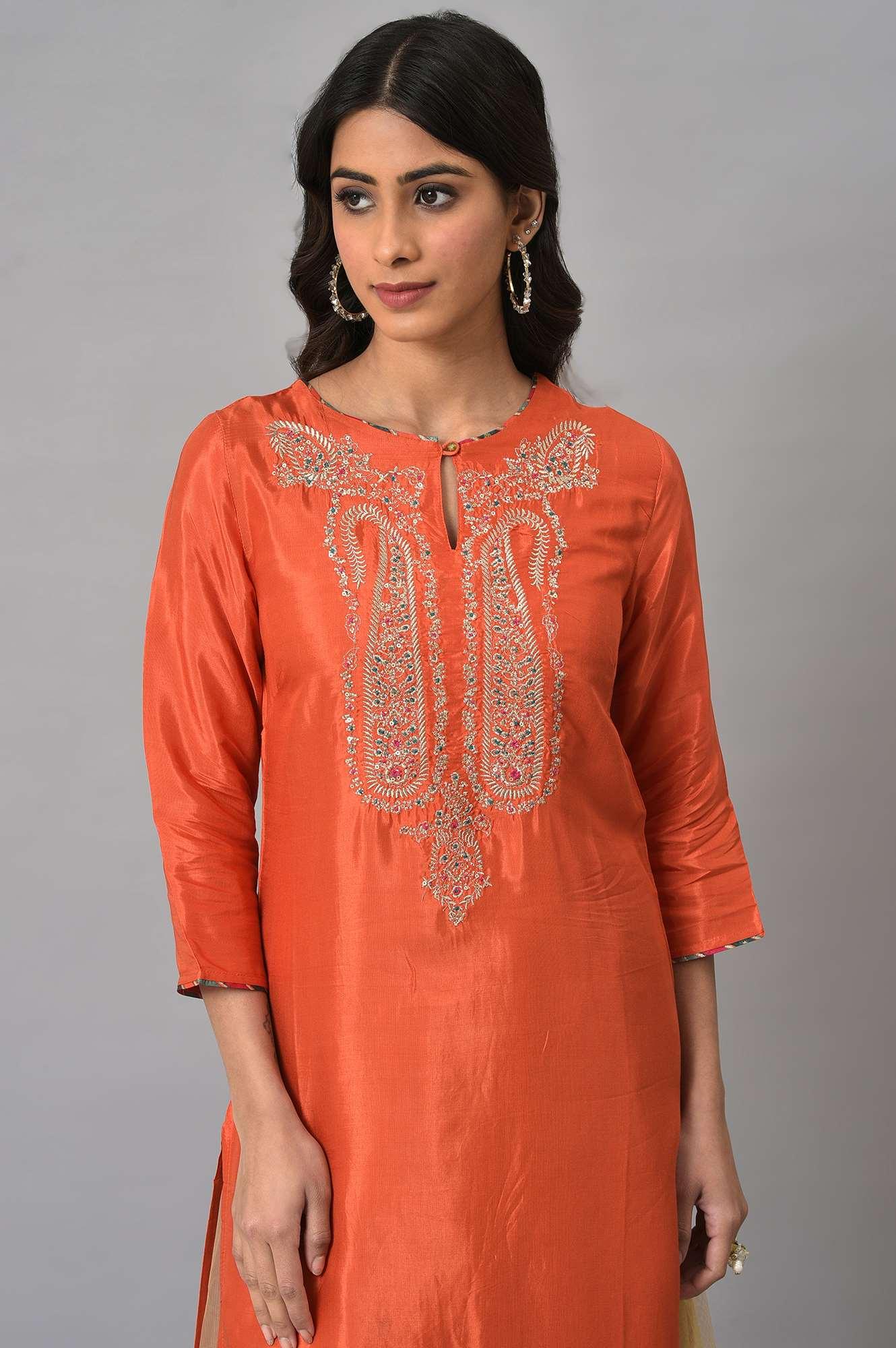 Orange Embroidered Festive kurta With Golden Mesh Skirt - wforwoman