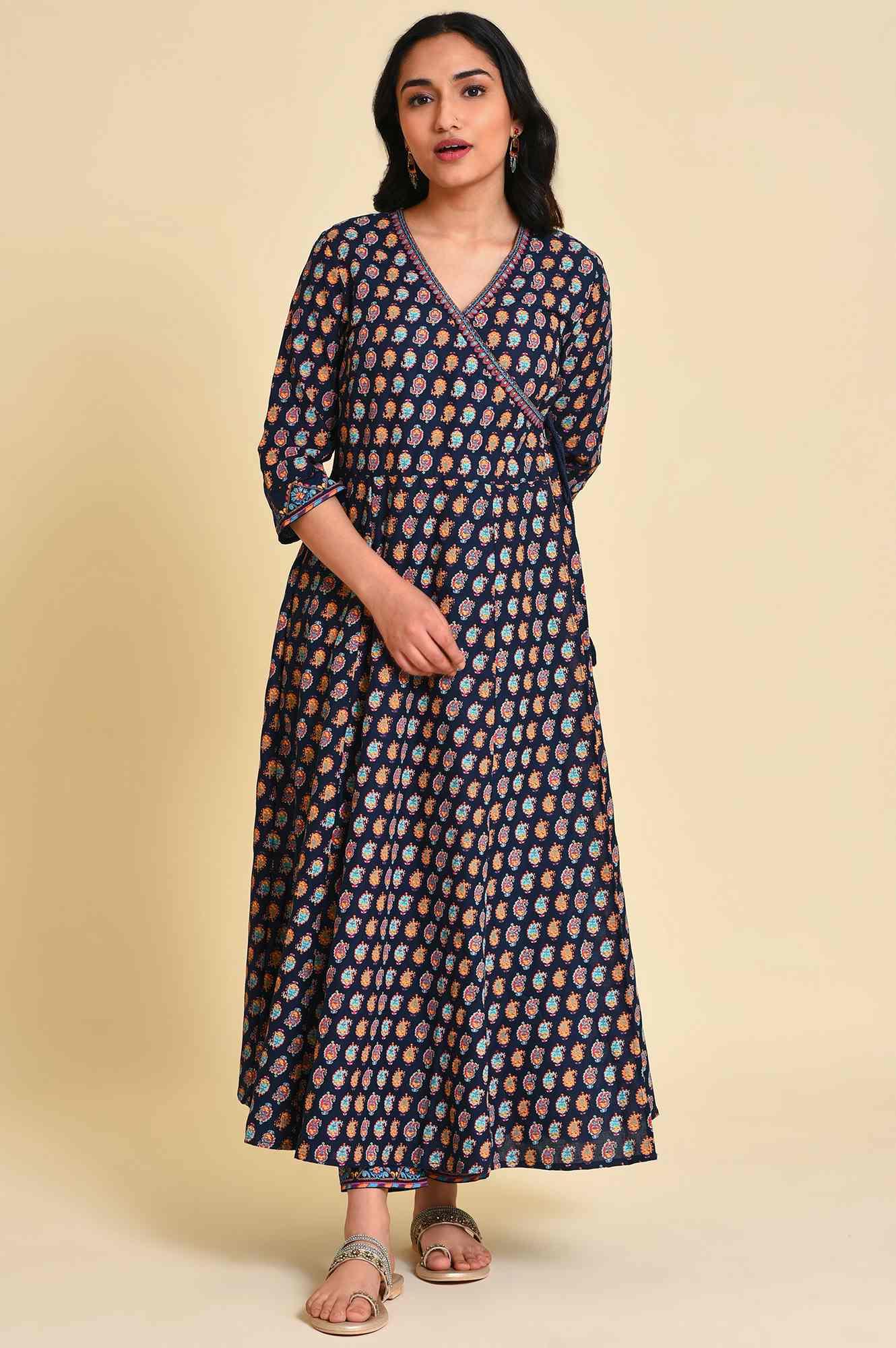 Navy Blue Multicolor Printed Angrakha kurta Set - wforwoman