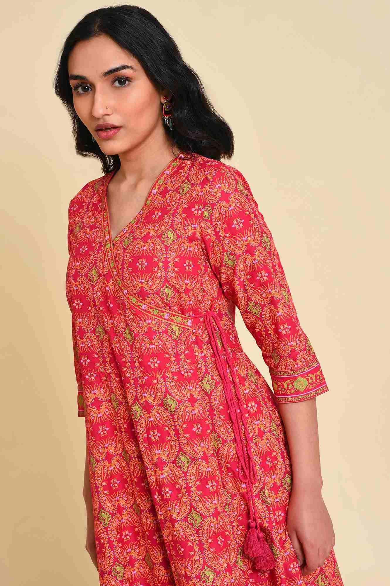 Pink Multicolor Printed Angrakha kurta Set - wforwoman
