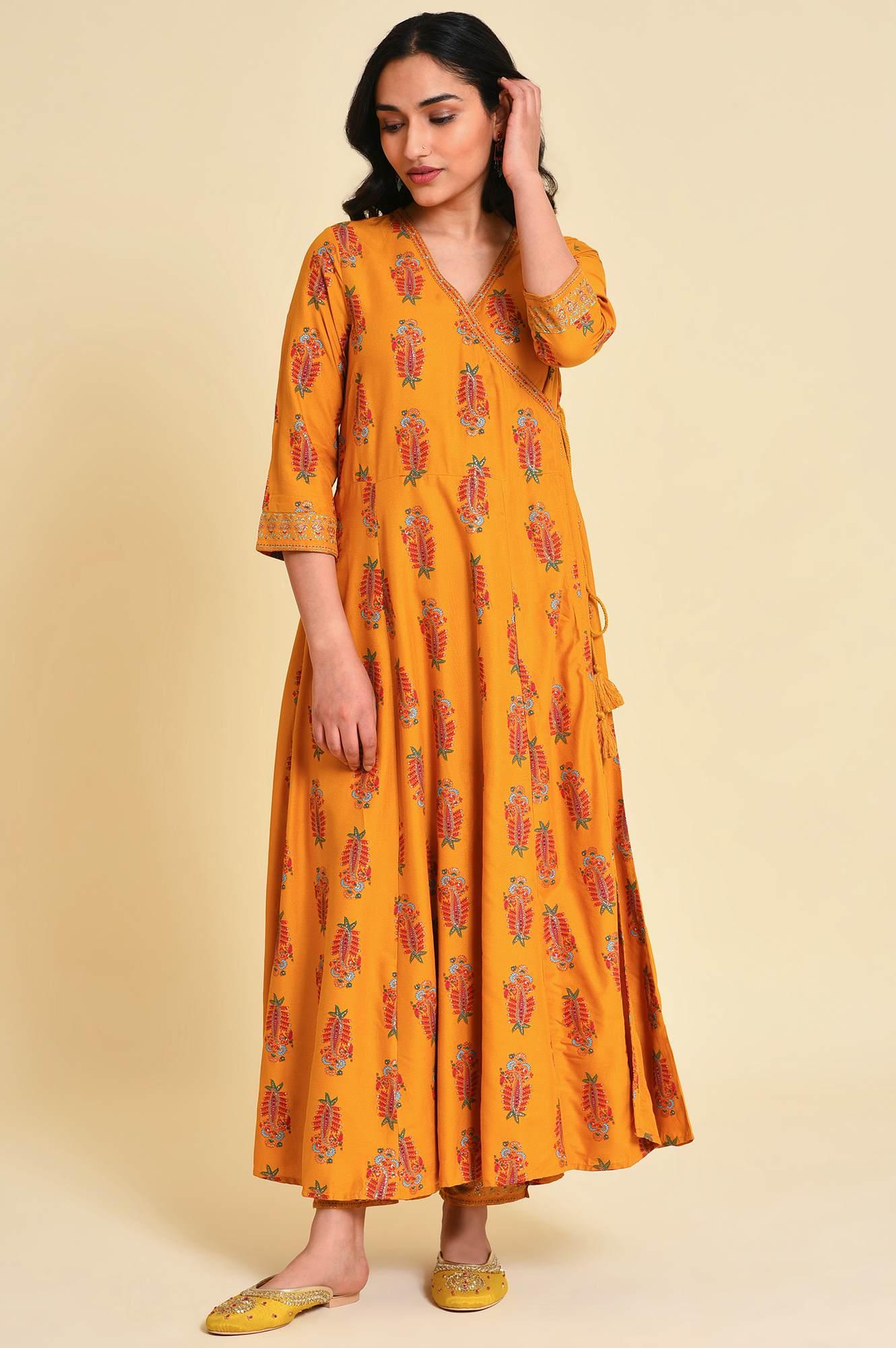 Yellow Multicolor Printed Angrakha kurta Set - wforwoman