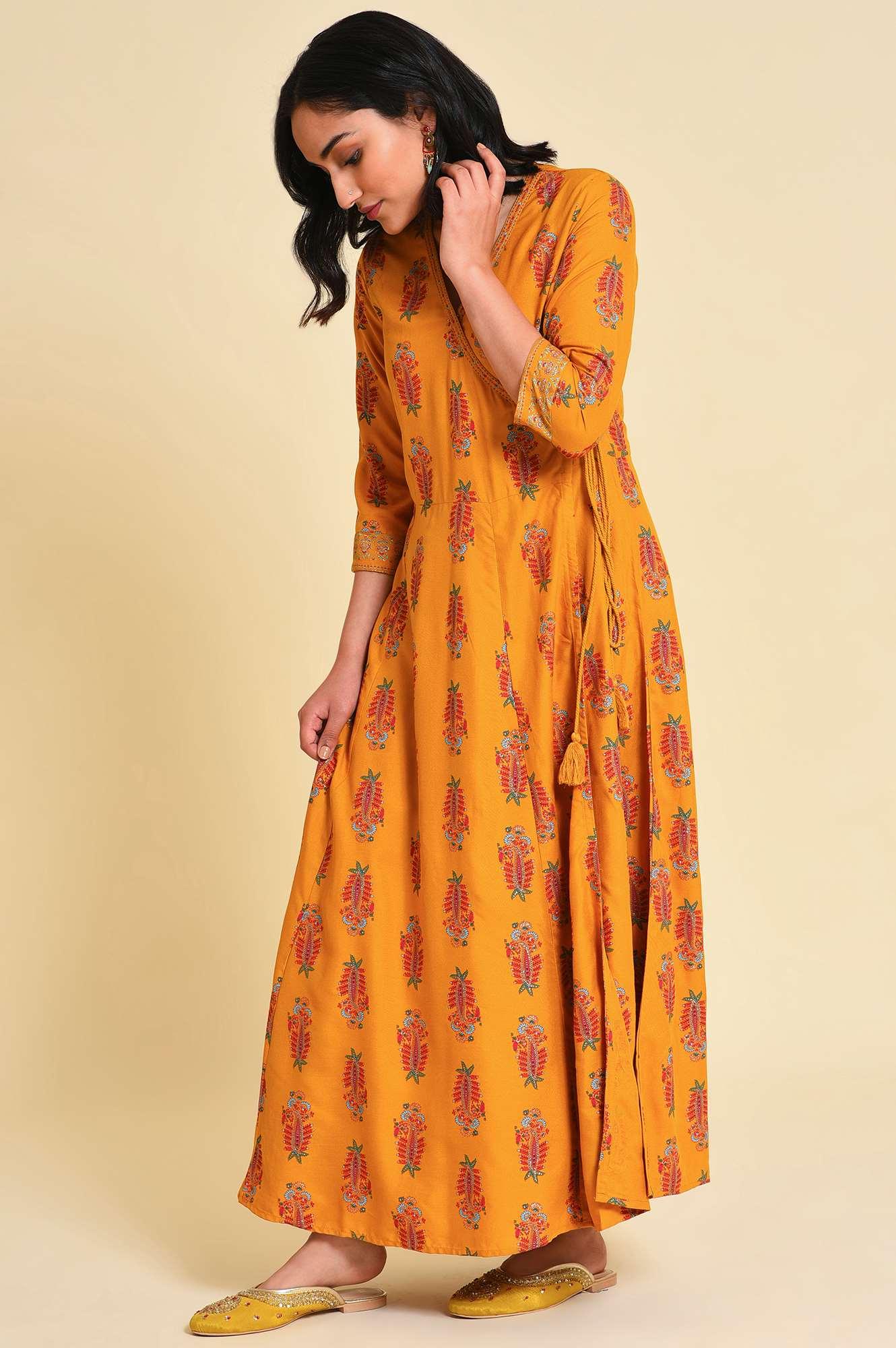 Yellow Multicolor Printed Angrakha kurta Set - wforwoman