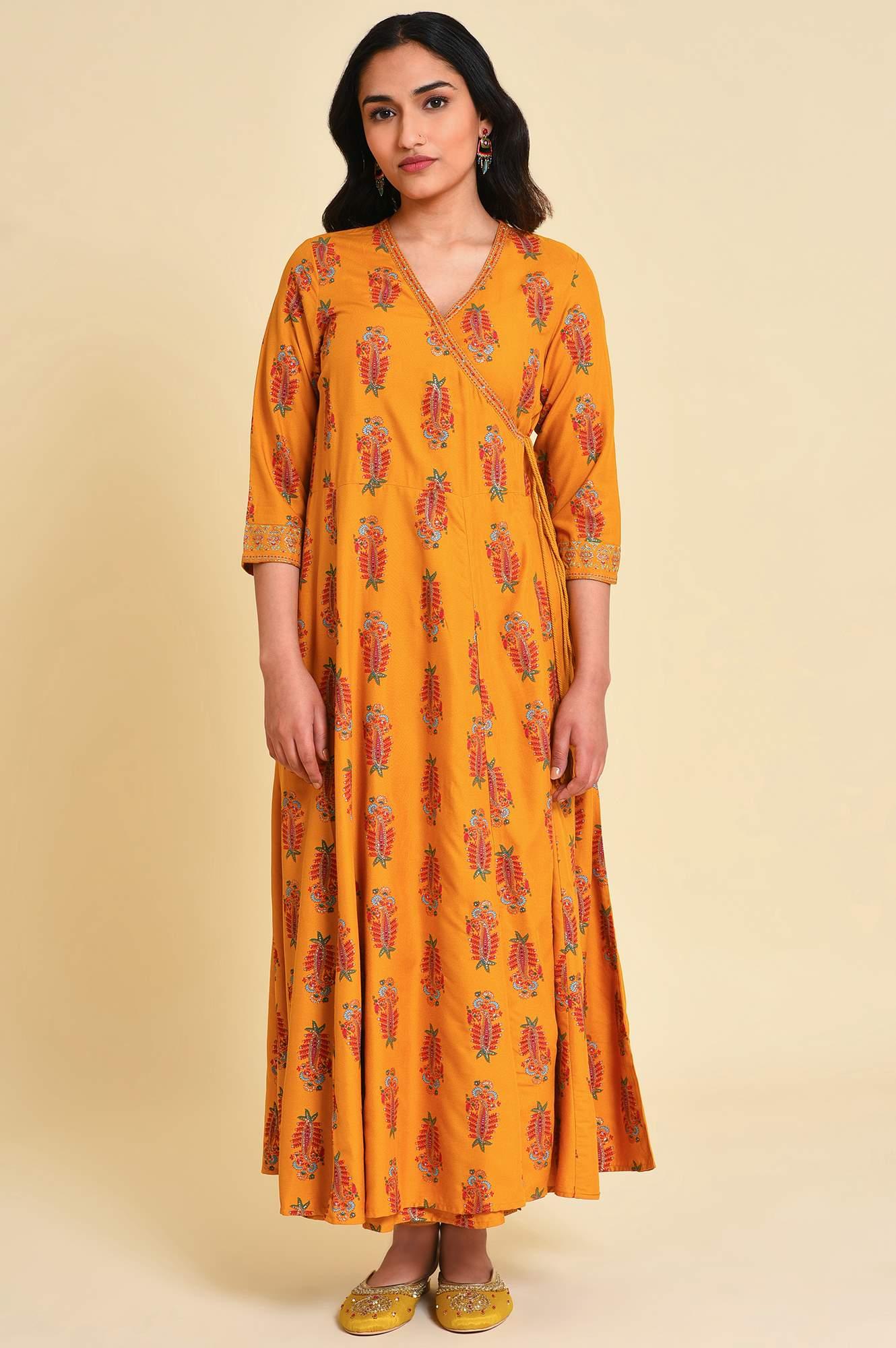 Yellow Multicolor Printed Angrakha kurta Set - wforwoman