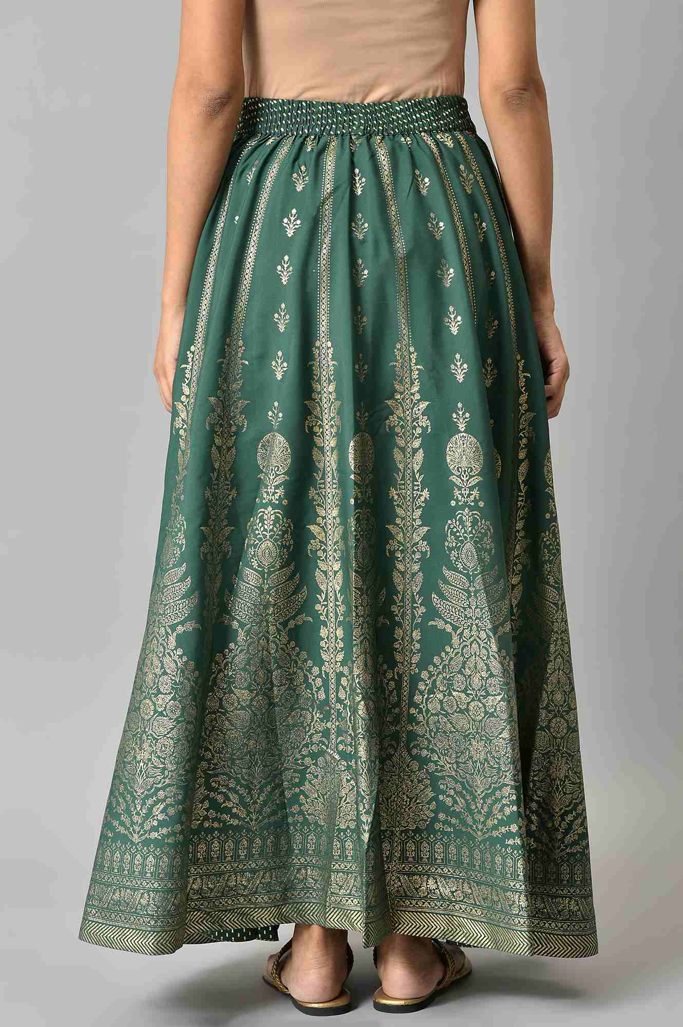 Green Floral Printed Flared Woven Skirt With Elasticated Waist