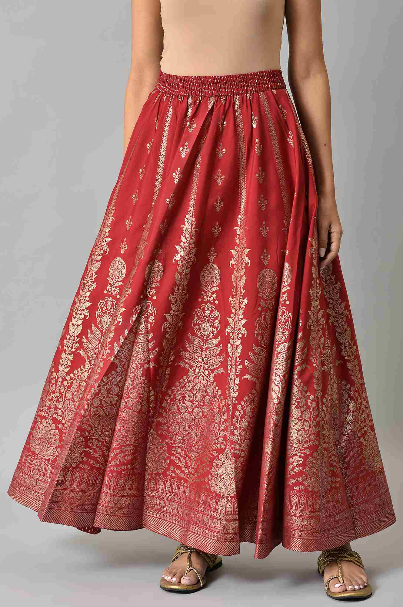 Maroon Floral Printed Flared Woven Skirt With Elasticated Waist