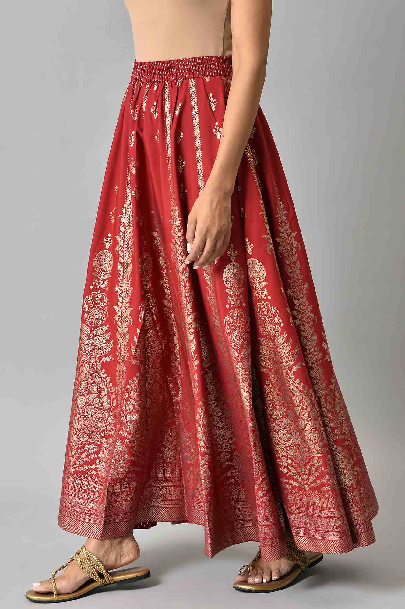 Maroon Floral Printed Flared Woven Skirt With Elasticated Waist