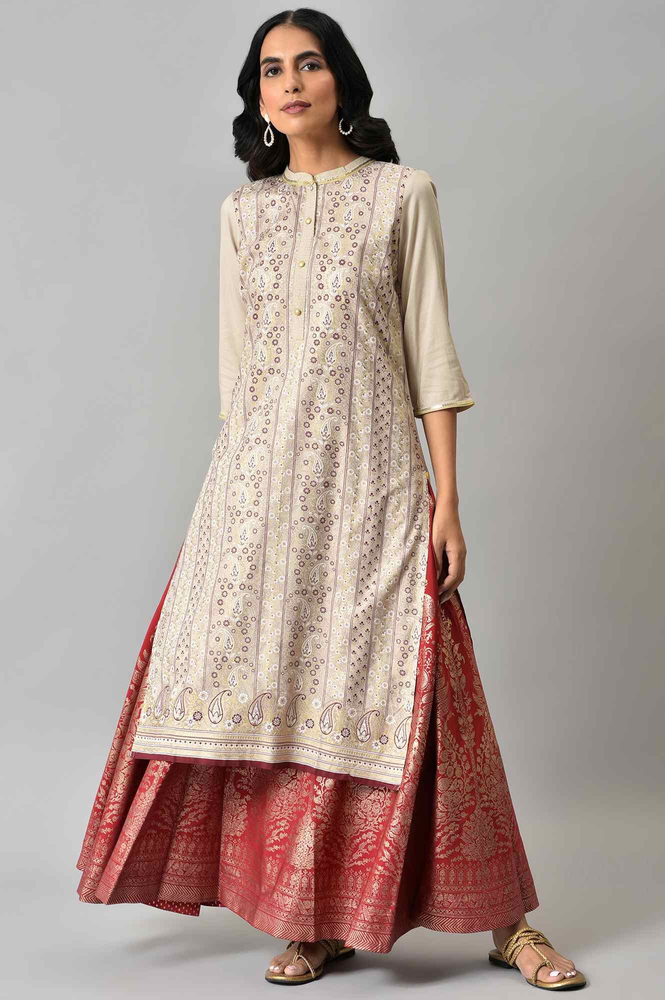 Maroon Floral Printed Flared Woven Skirt With Elasticated Waist