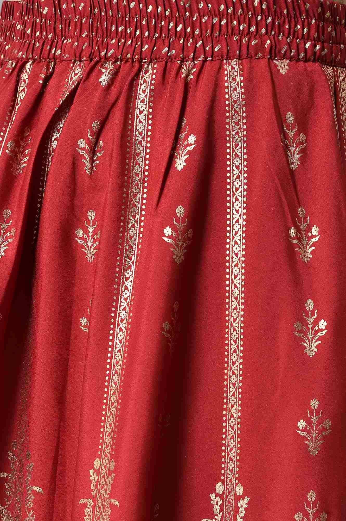 Maroon Floral Printed Flared Woven Skirt With Elasticated Waist