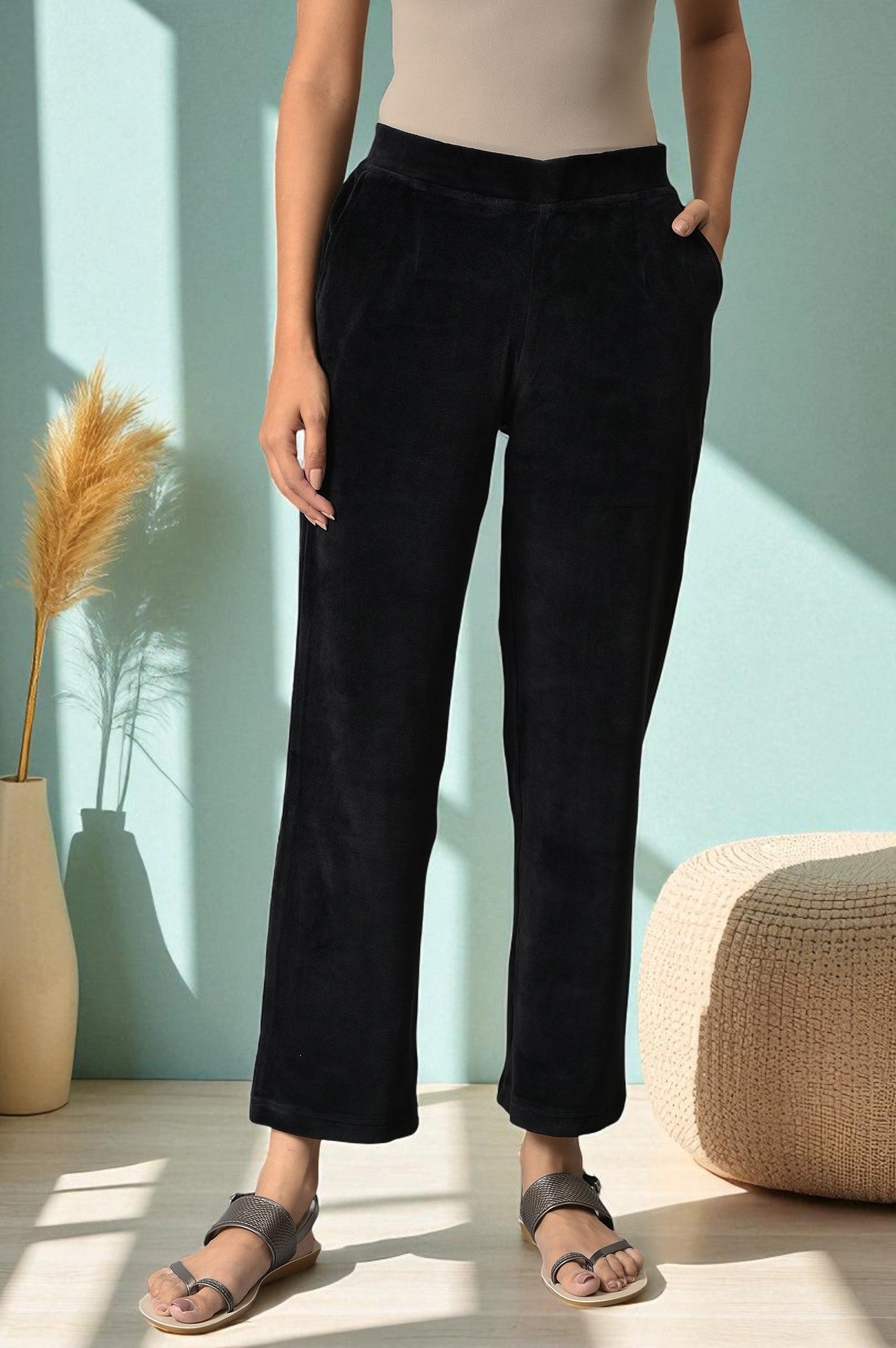 Black Solid Straight Fit Cotton Trousers With Elasticated Waist XS