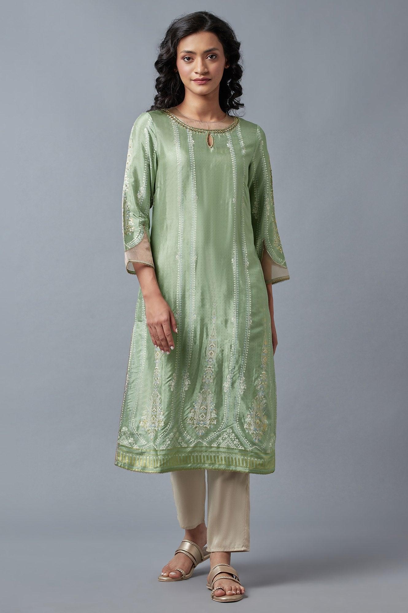 Light Green And Pink Festive kurta With Embroidery - wforwoman