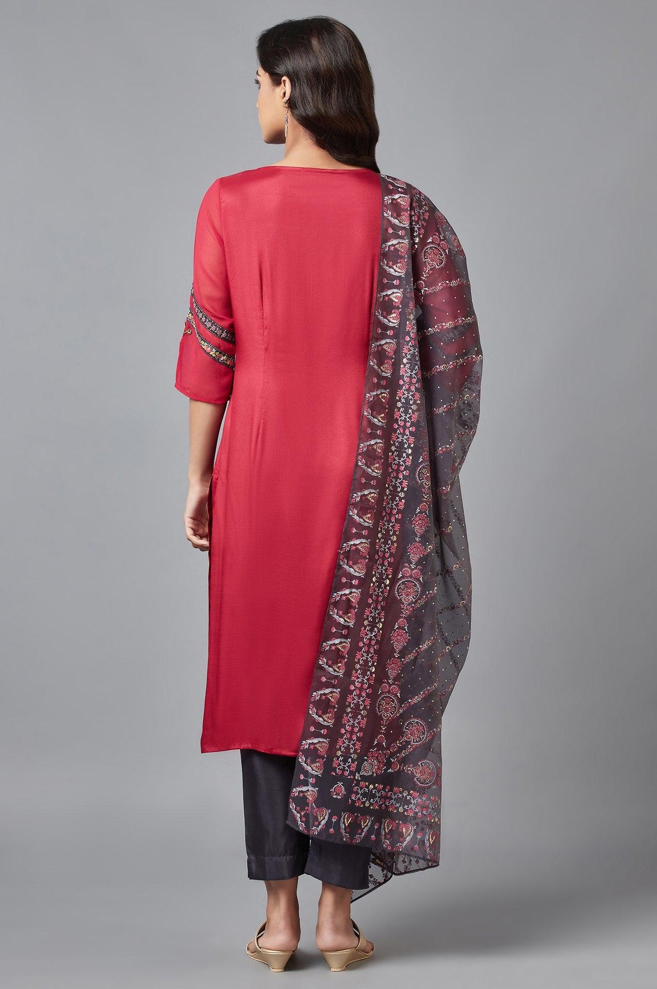 Red Printed kurta, Grey Slim Pants and Dupatta Set - wforwoman