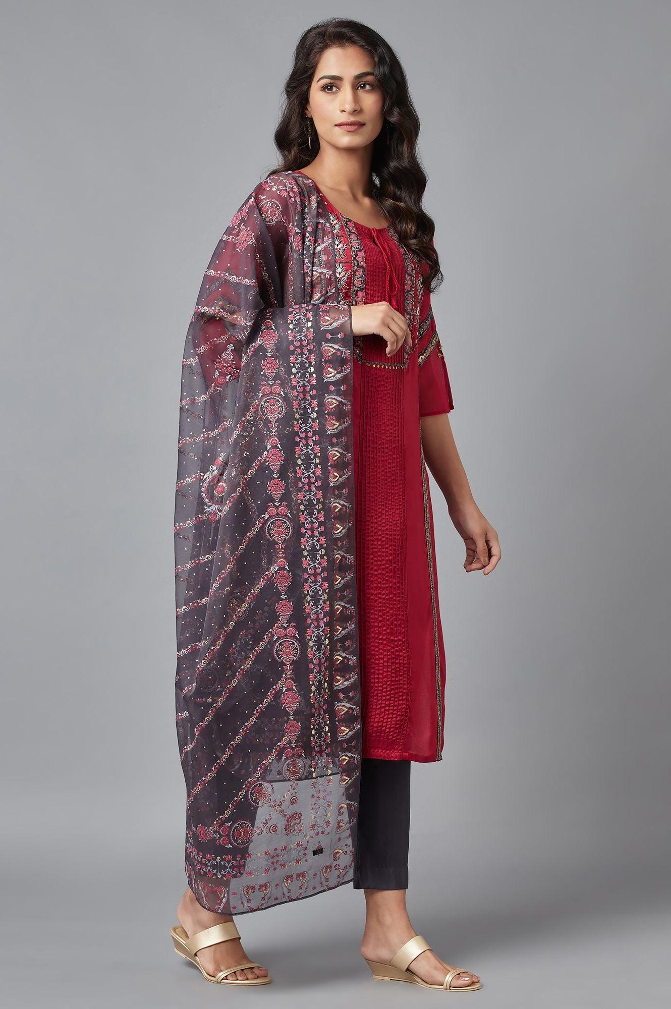 Red Printed kurta, Grey Slim Pants and Dupatta Set - wforwoman