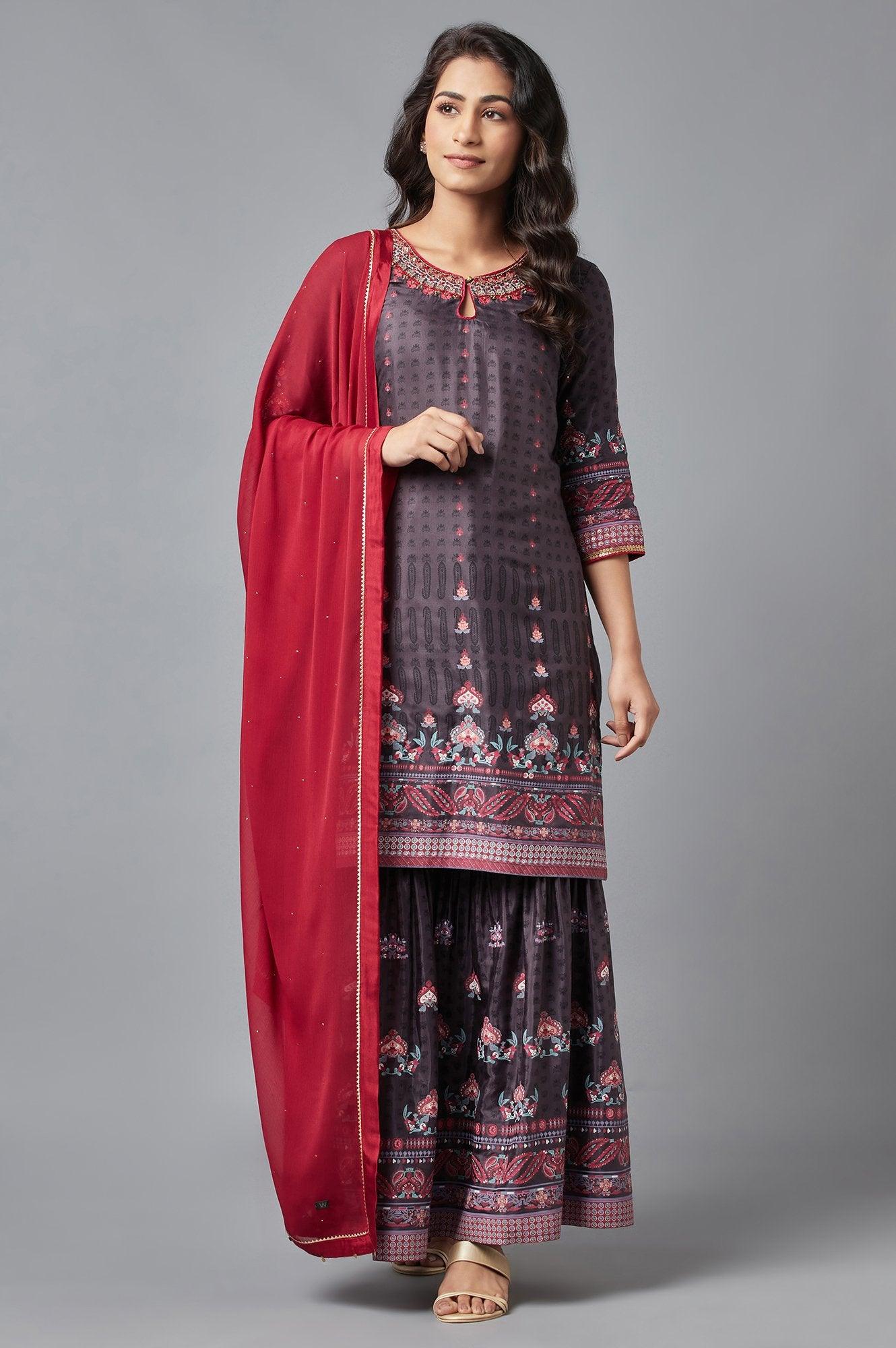 Dark Grey kurta, Sharara and Dupatta Set - wforwoman