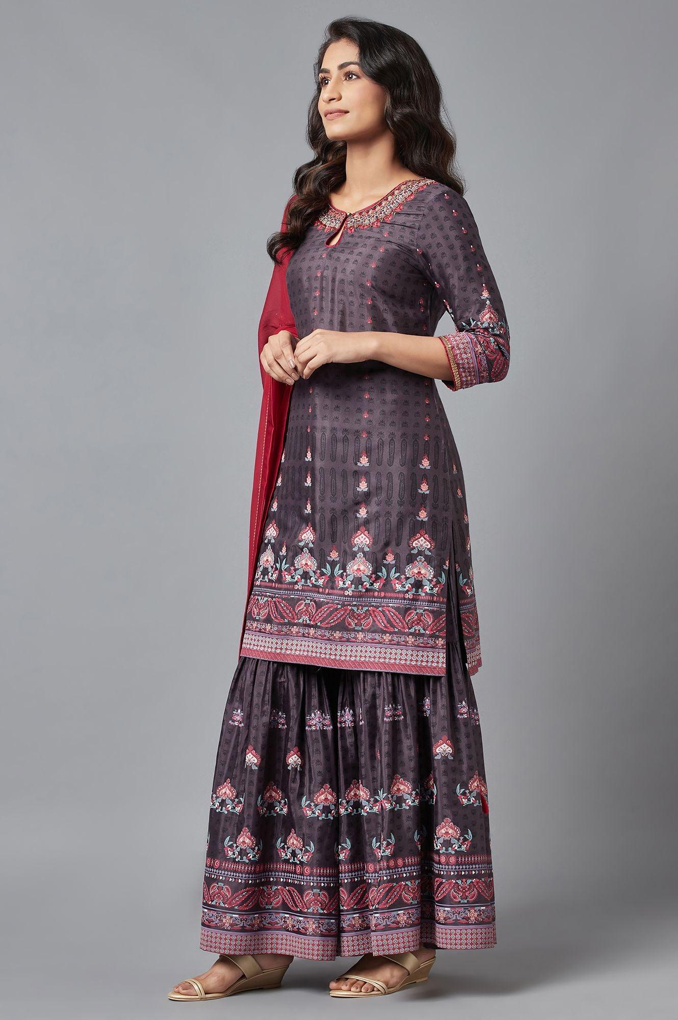 Dark Grey kurta, Sharara and Dupatta Set - wforwoman