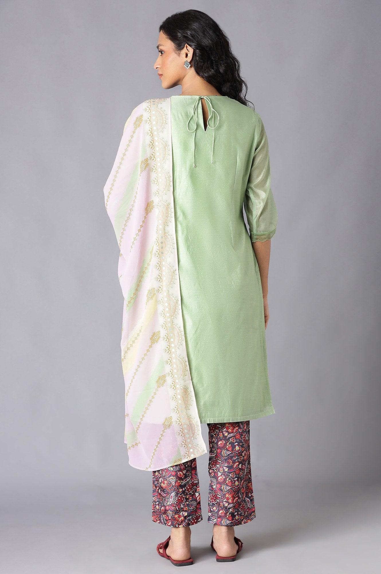 Green Chanderi kurta, Slim Pants And Dupatta Set - wforwoman