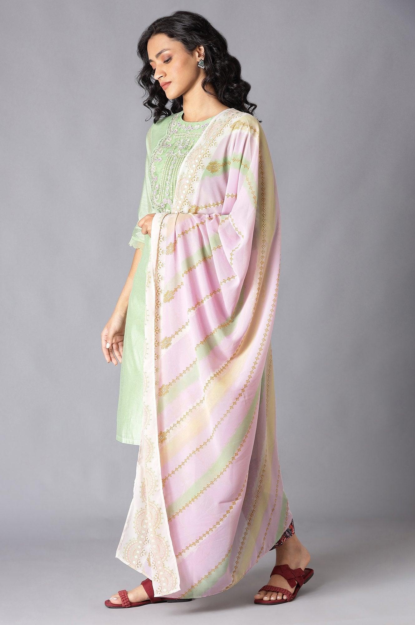 Green Chanderi kurta, Slim Pants And Dupatta Set - wforwoman