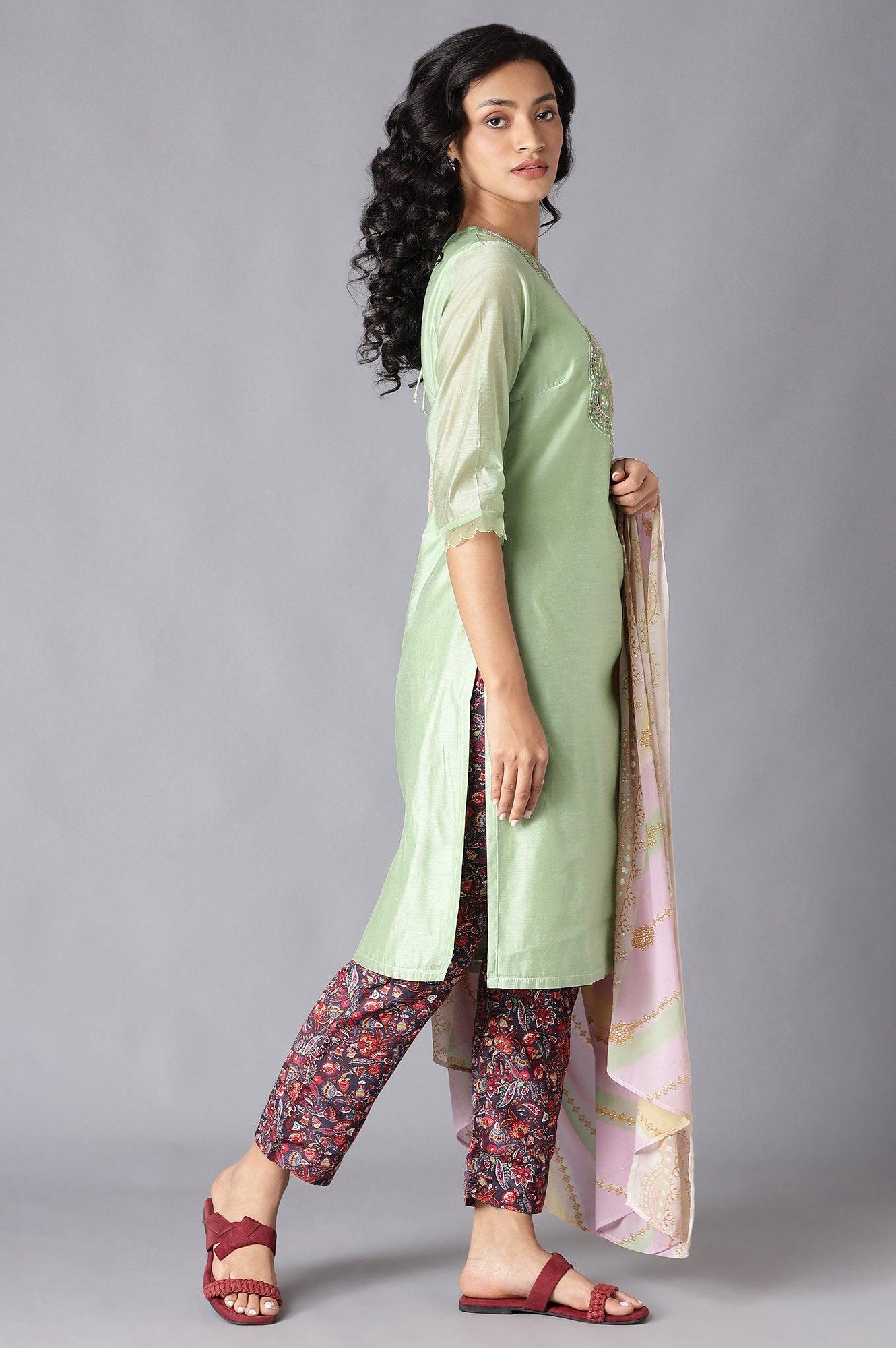 Green Chanderi kurta, Slim Pants And Dupatta Set - wforwoman