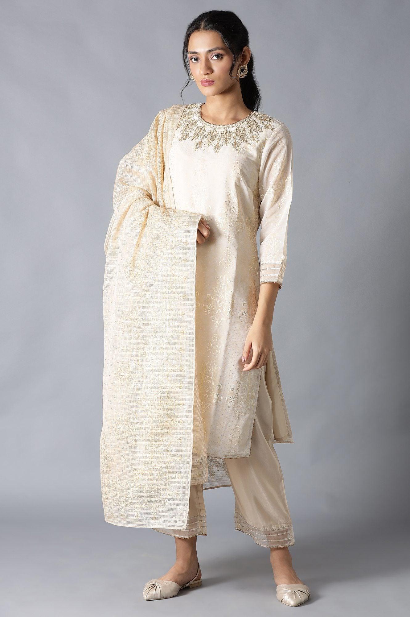 Ecru And Beige Heavy Festive kurta With Parallel Pants And Dupatta - wforwoman