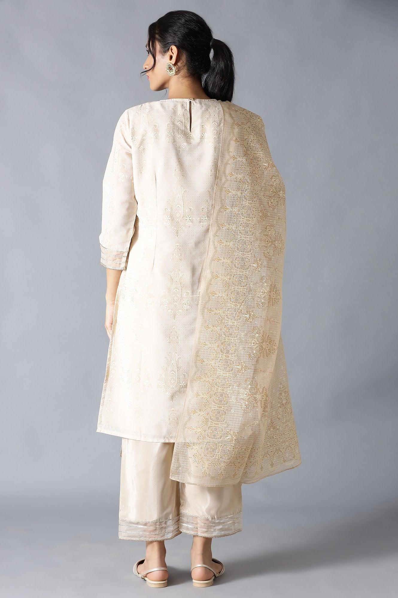 Ecru And Beige Heavy Festive kurta With Parallel Pants And Dupatta - wforwoman