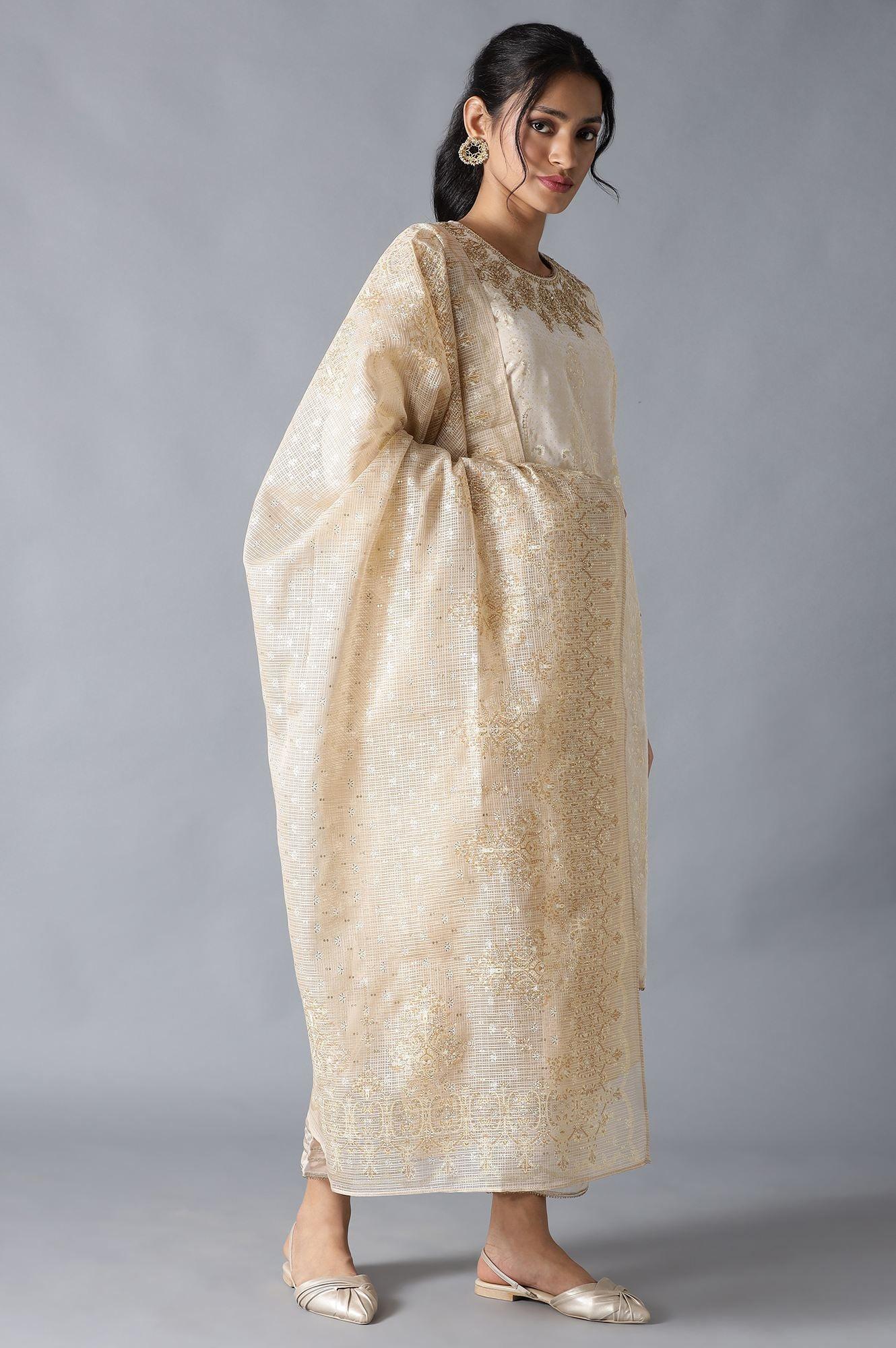 Ecru And Beige Heavy Festive kurta With Parallel Pants And Dupatta - wforwoman