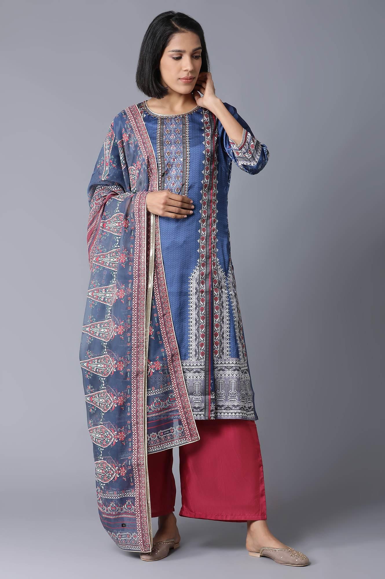 Blue Printed kurta, Parallel Pants and Dupatta Set - wforwoman