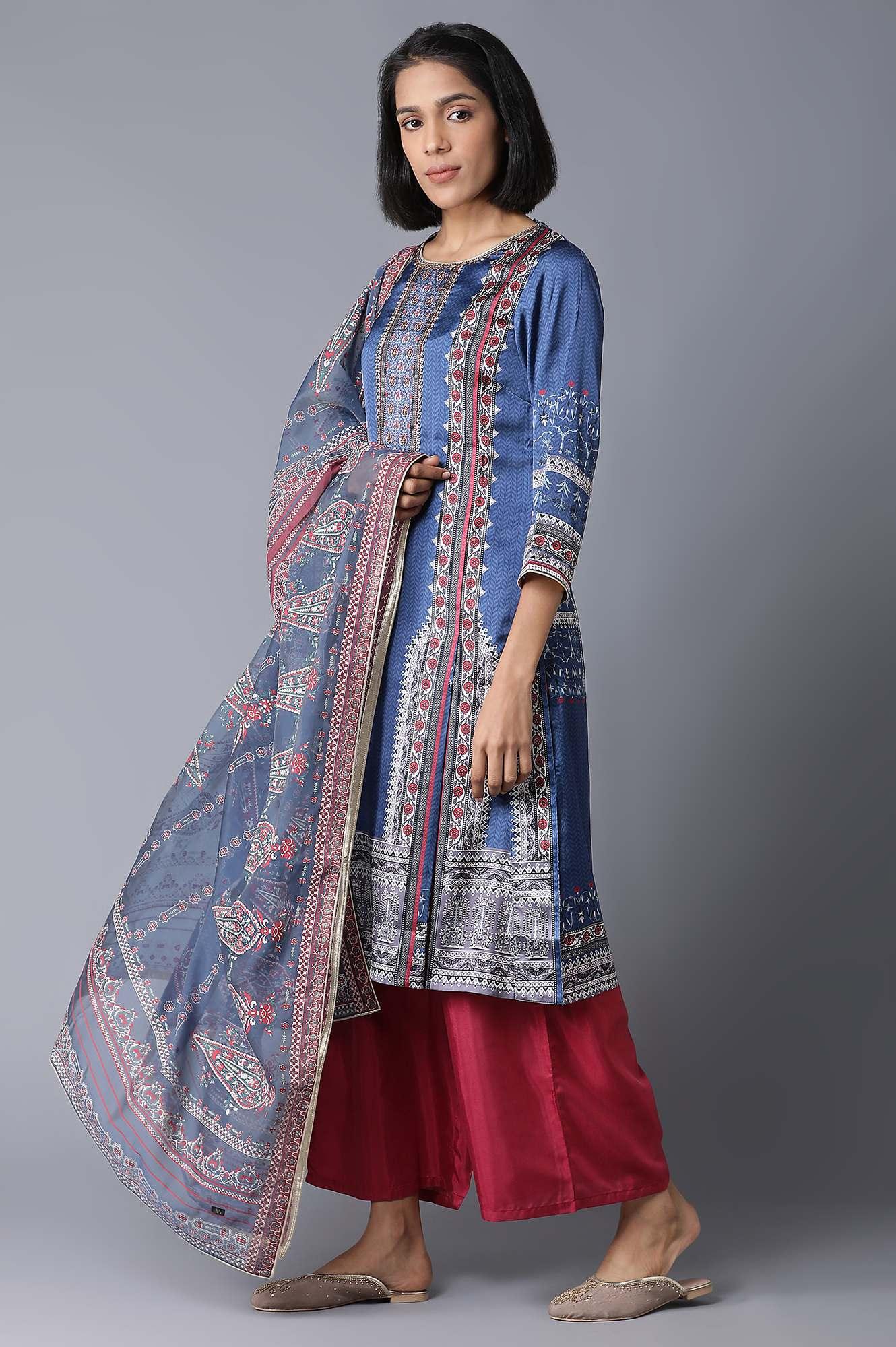 Blue Printed kurta, Parallel Pants and Dupatta Set - wforwoman