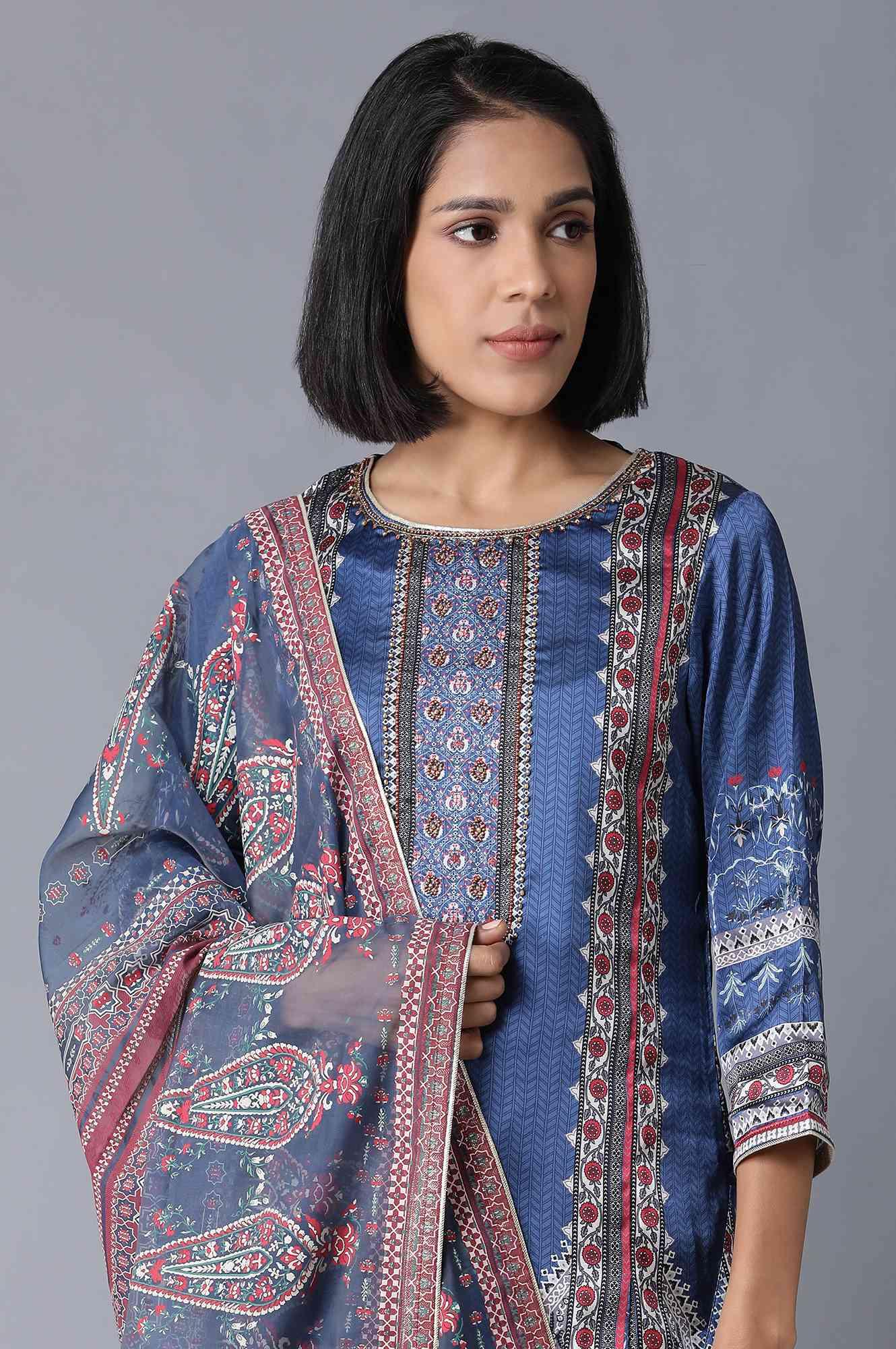 Blue Printed kurta, Parallel Pants and Dupatta Set - wforwoman