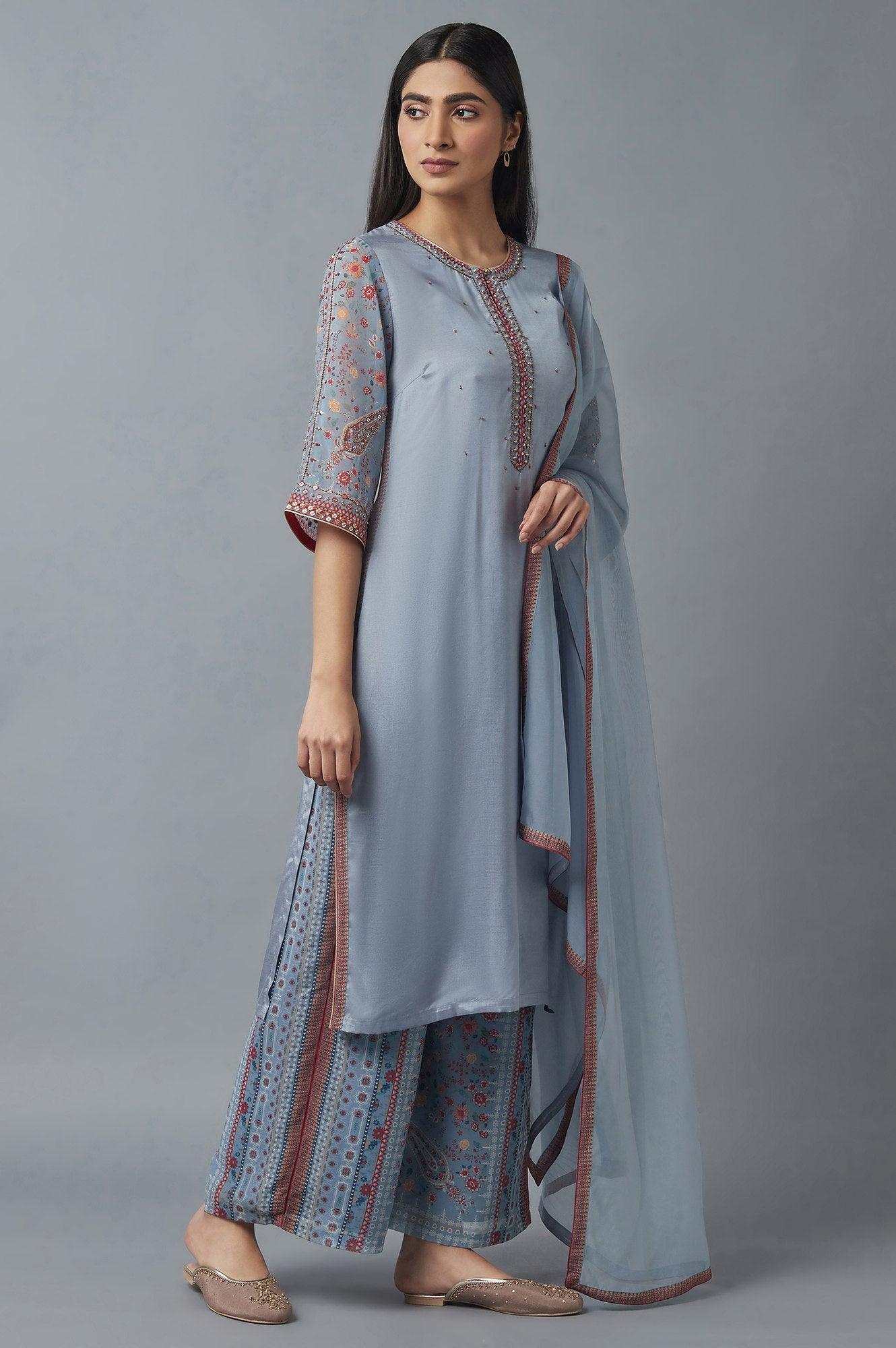 Sky Blue kurta, Parallel Pants and Dupatta Set - wforwoman