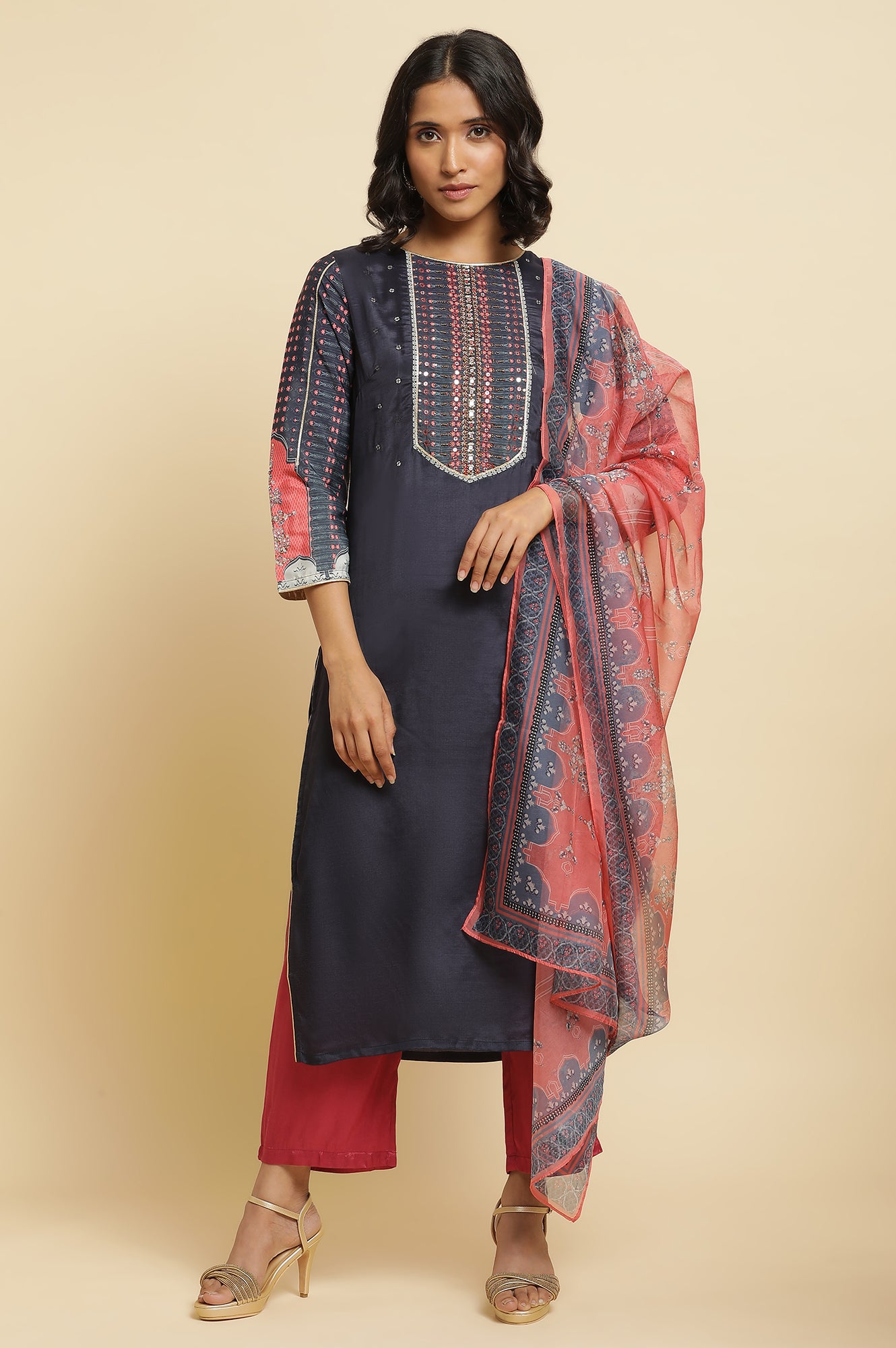 Blue Embroidered Kurta, Straight Pants & Dupatta Set