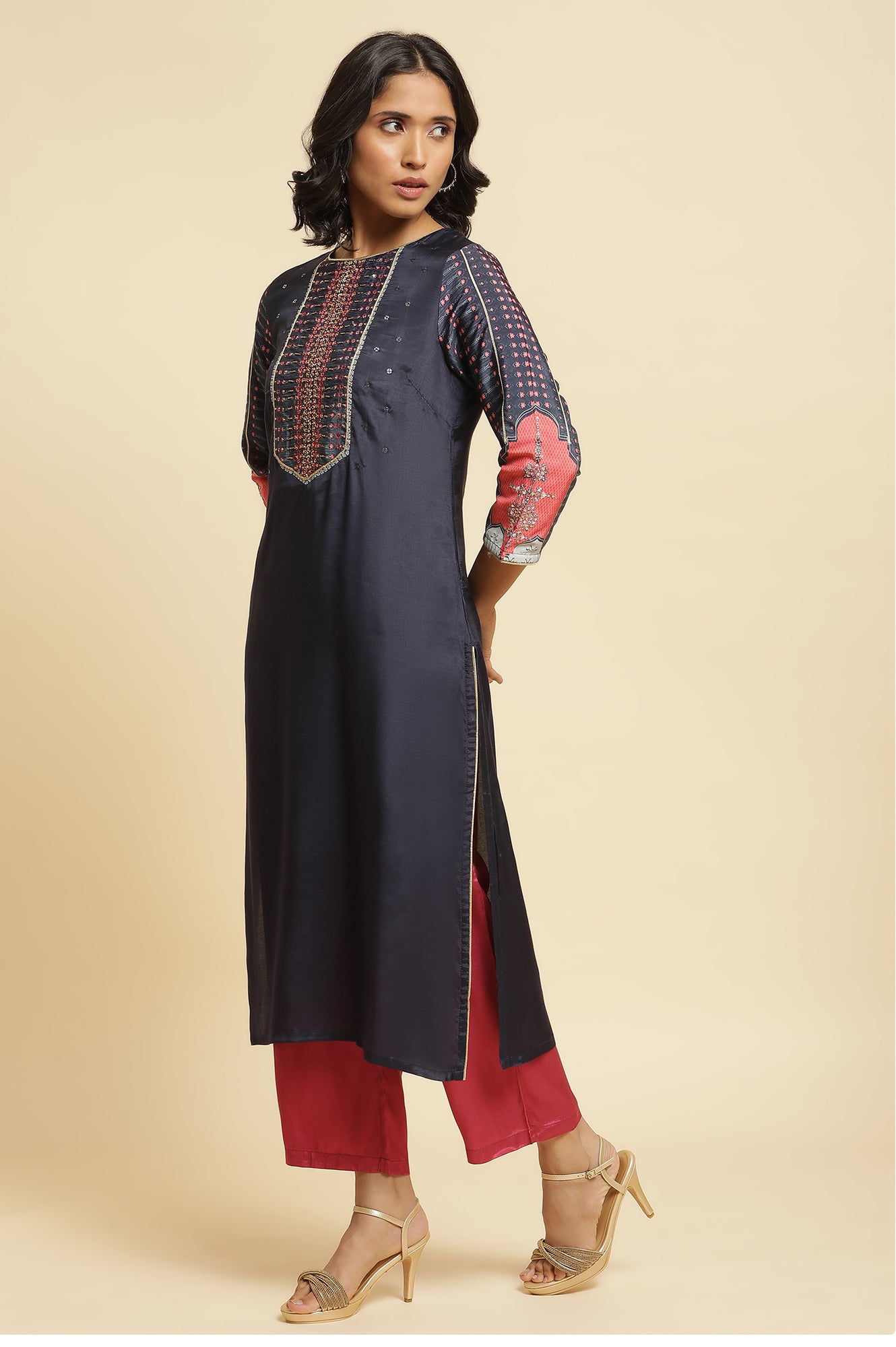 Blue Embroidered Kurta, Straight Pants & Dupatta Set
