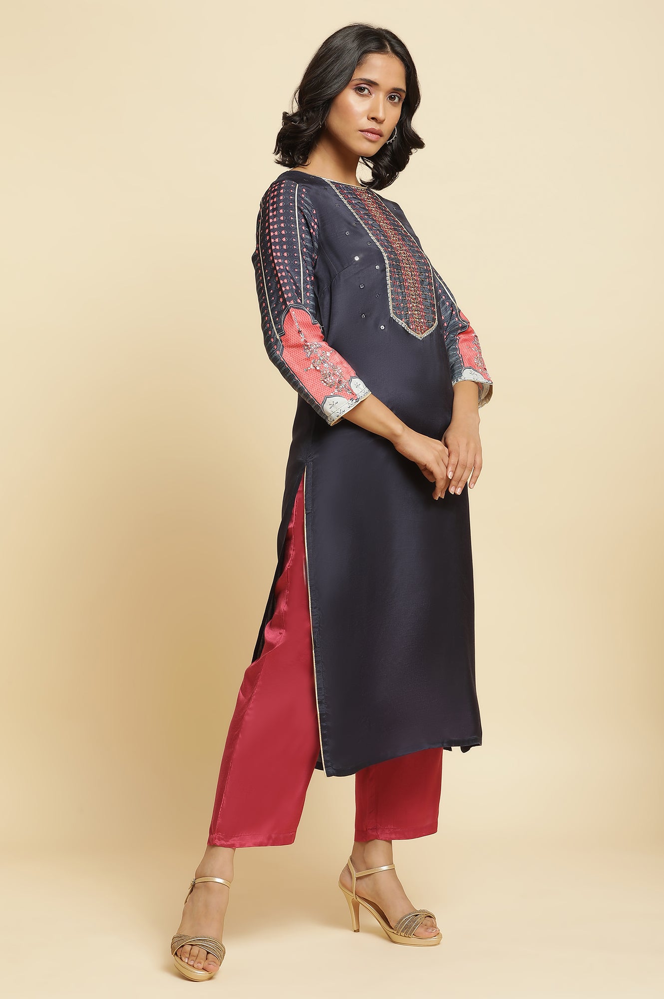 Blue Embroidered Kurta, Straight Pants & Dupatta Set
