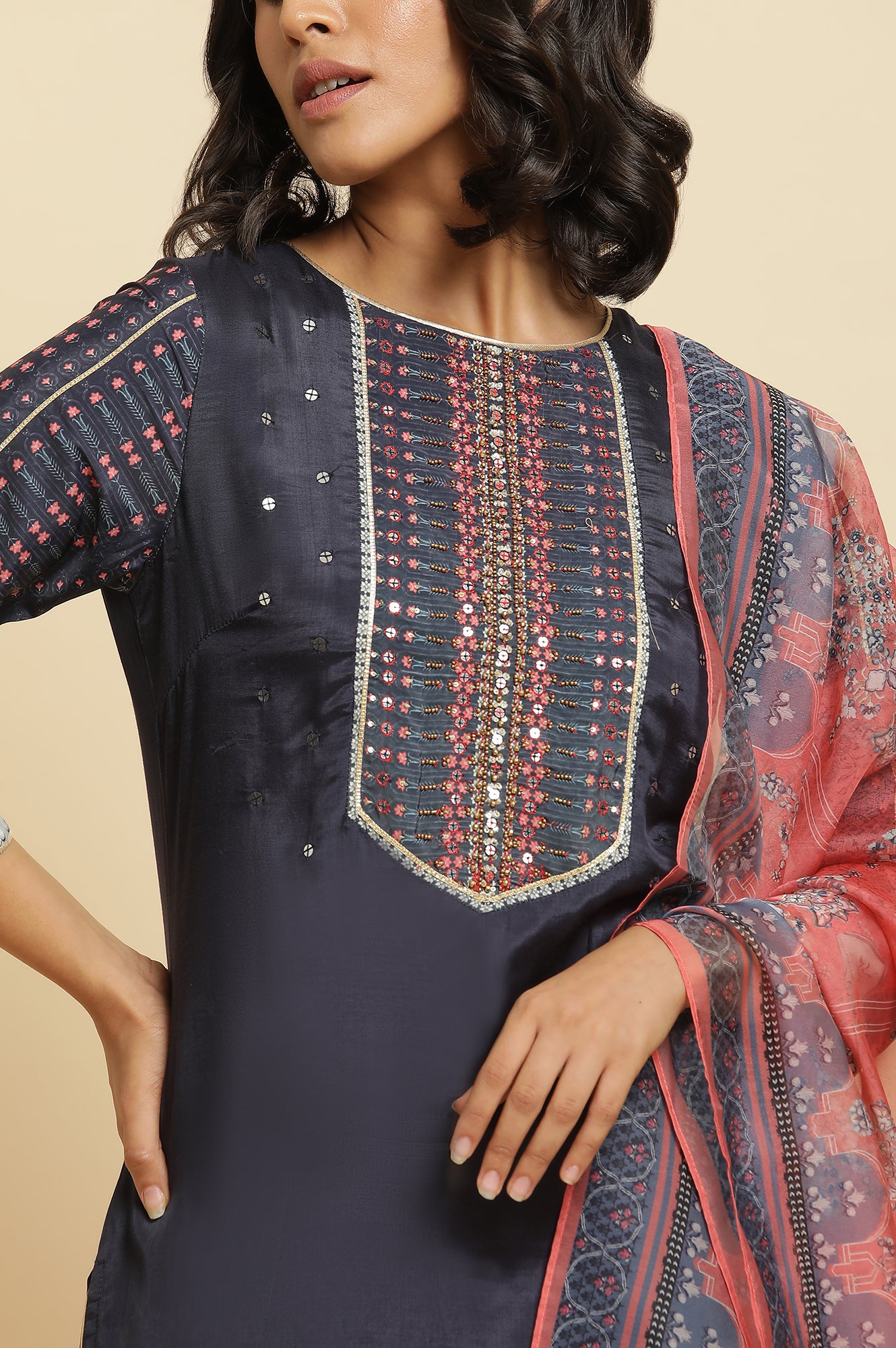 Blue Embroidered Kurta, Straight Pants & Dupatta Set