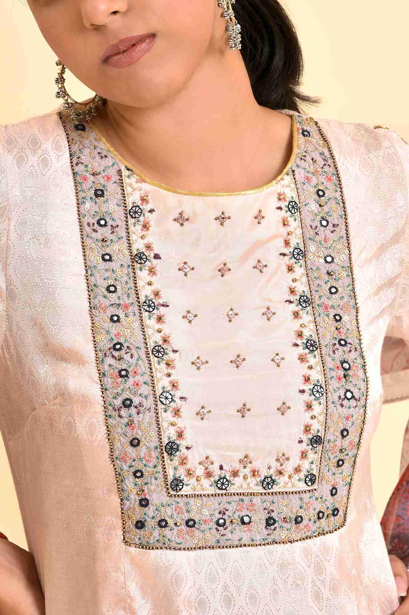 Light Pink Embroidered Kurta, Pants And Dupatta Set - wforwoman