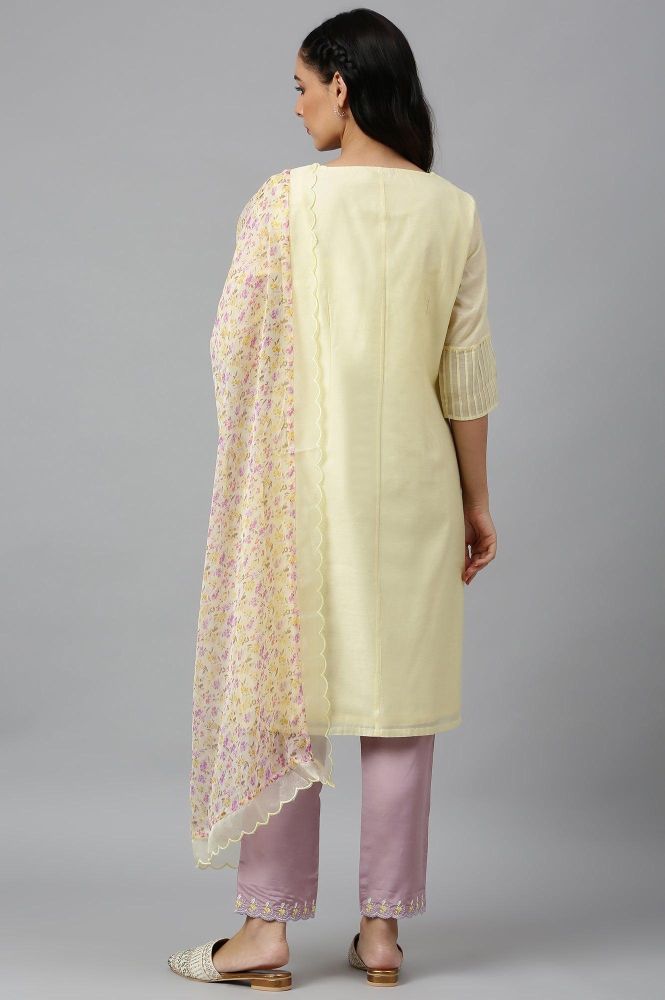 Lemon Yellow Embroidered Chanderi kurta With Slim Pants And Dupatta - wforwoman