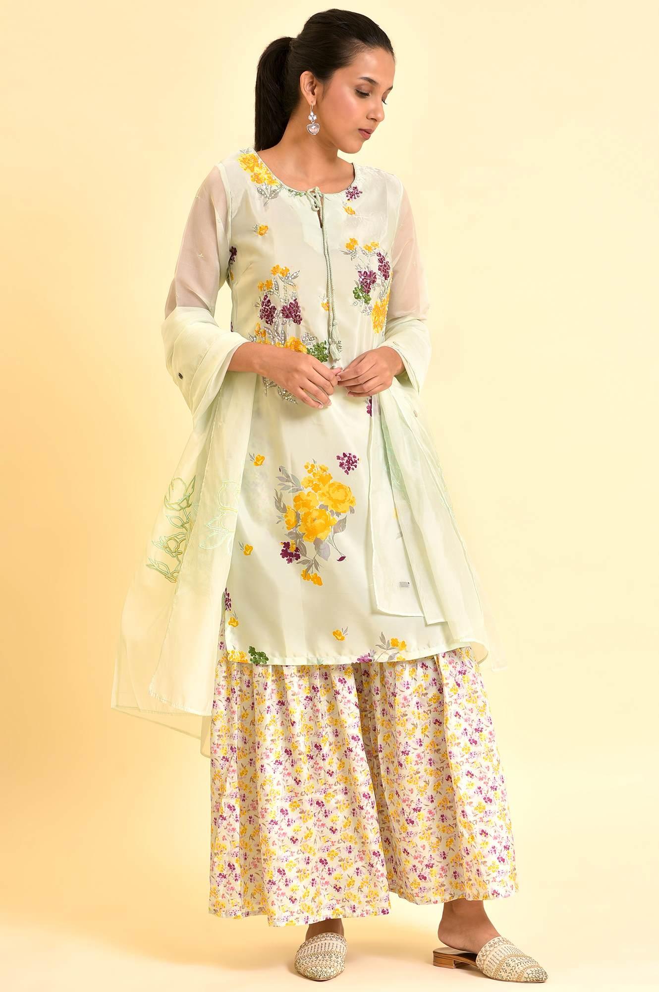 Green Printed kurta With Sharara And Dupatta - wforwoman