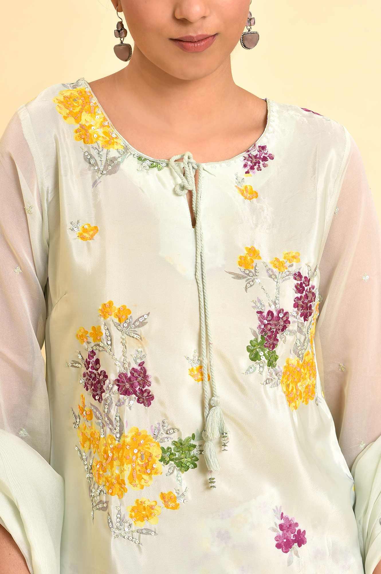 Green Printed kurta With Sharara And Dupatta - wforwoman