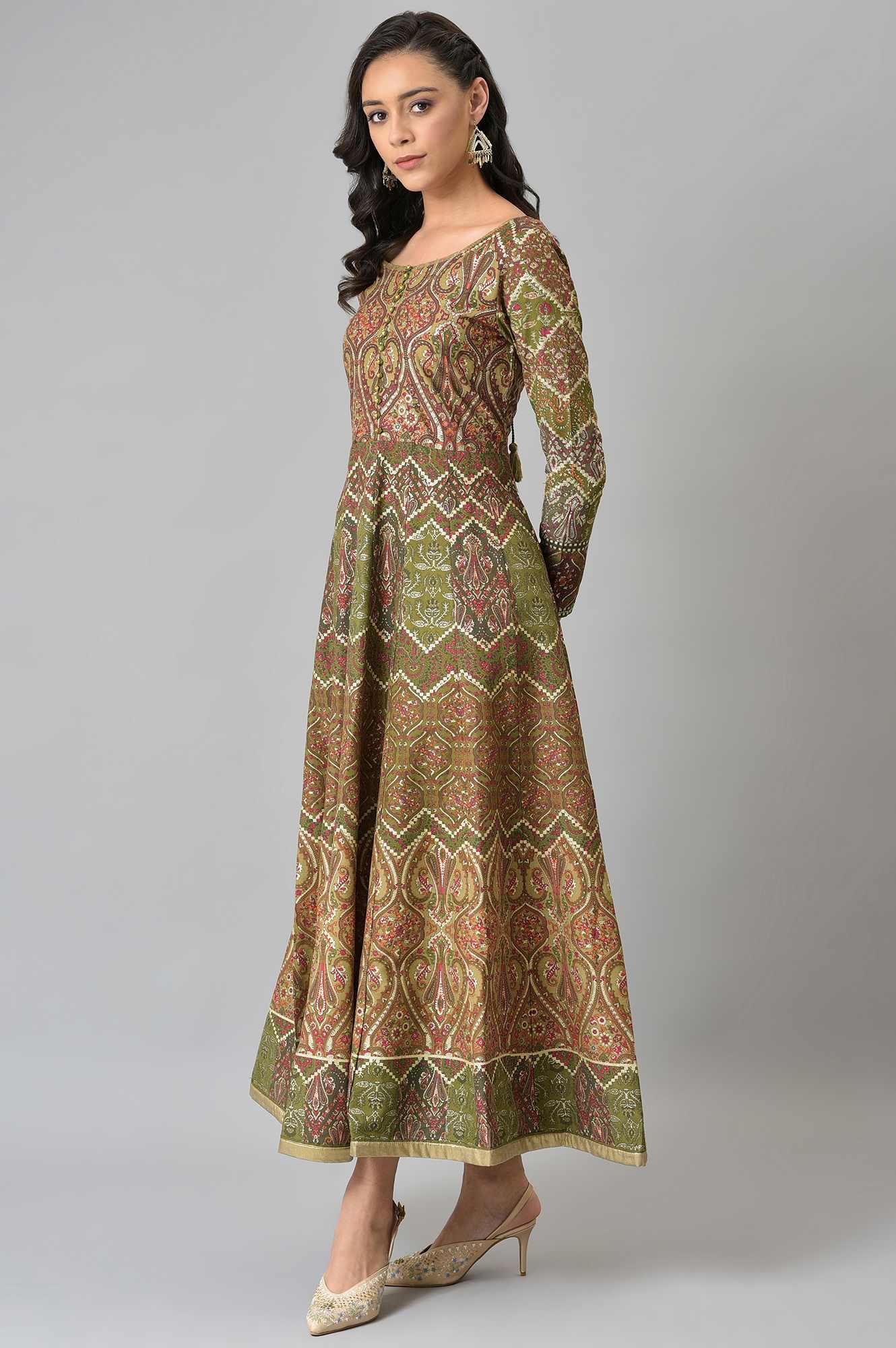 Olive Green Glitter Print Dress - wforwoman