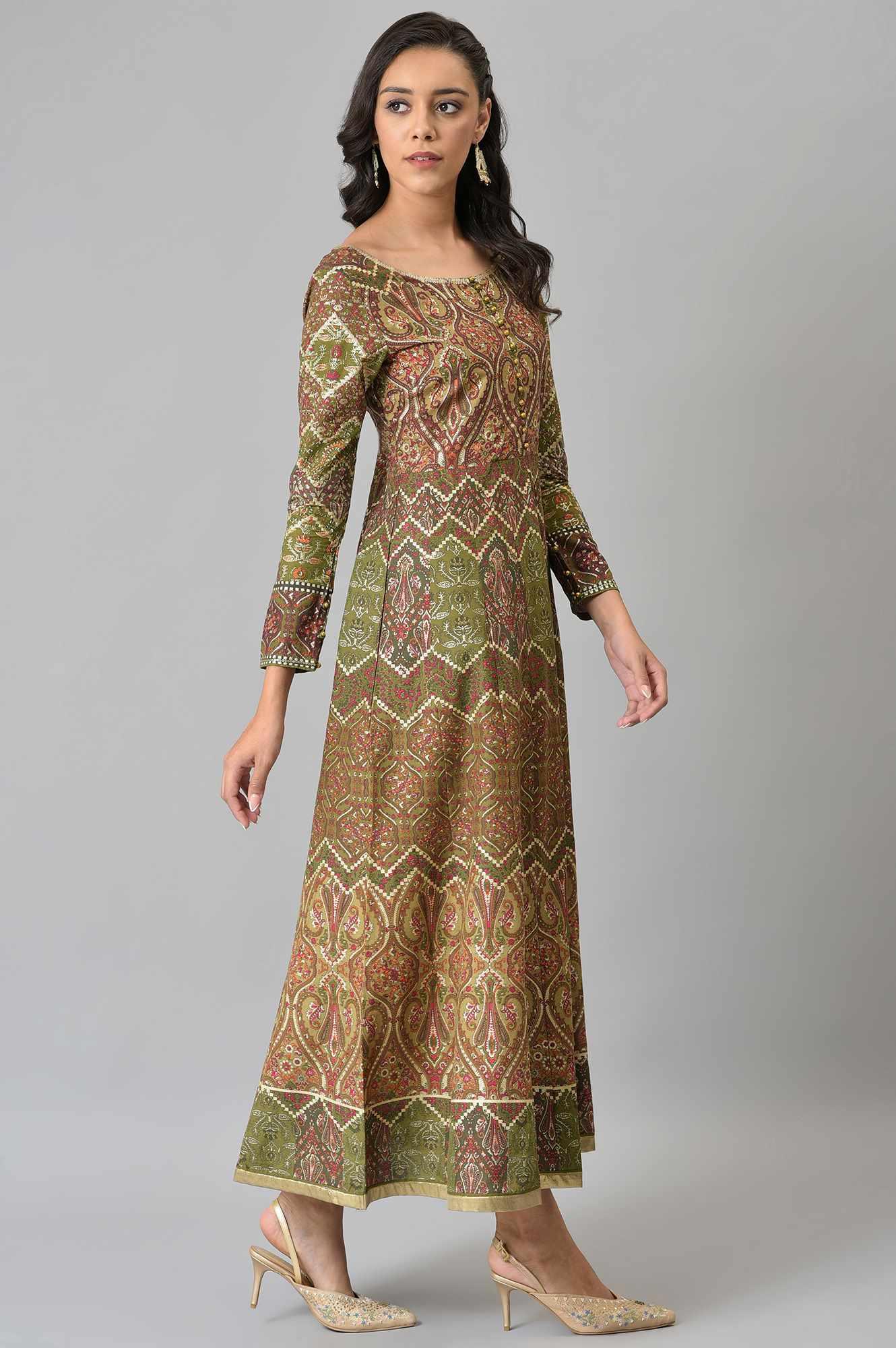 Olive Green Glitter Print Dress - wforwoman