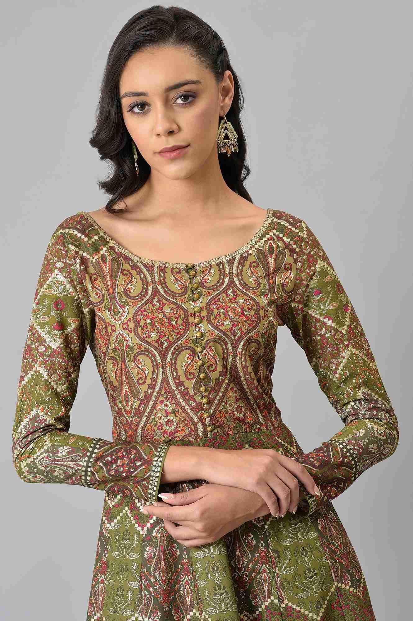 Olive Green Glitter Print Dress - wforwoman