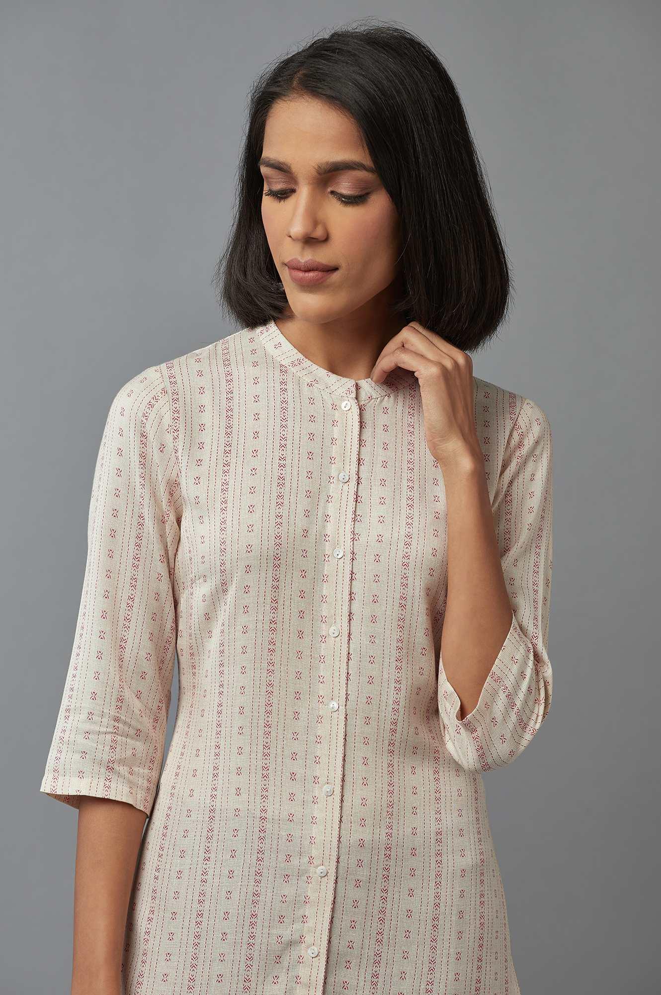 Ecru and Red Floral Print kurta - wforwoman