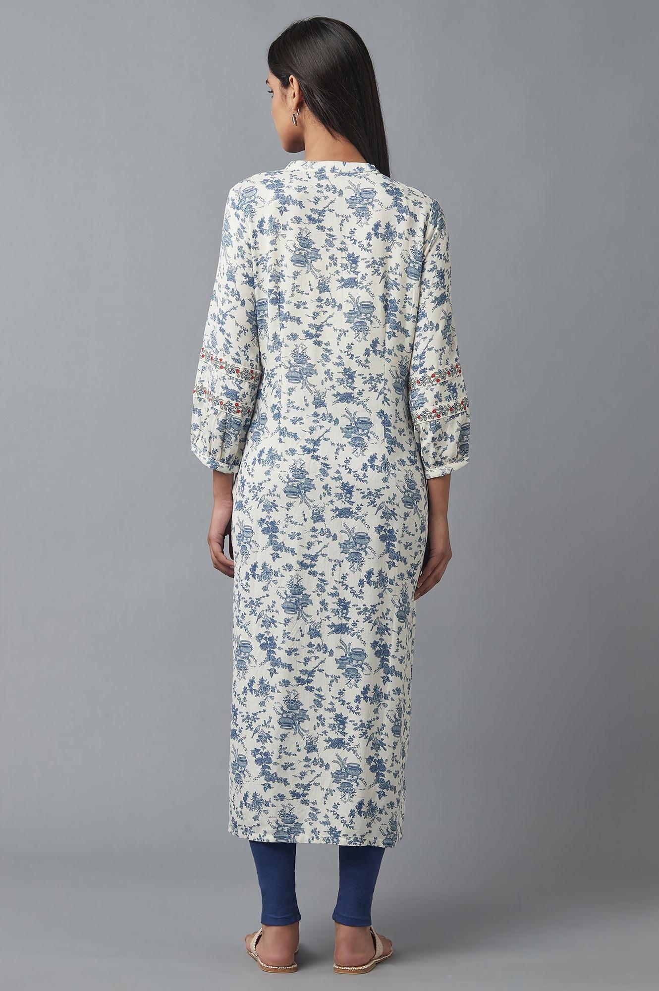 White and Blue Button Down kurta - wforwoman