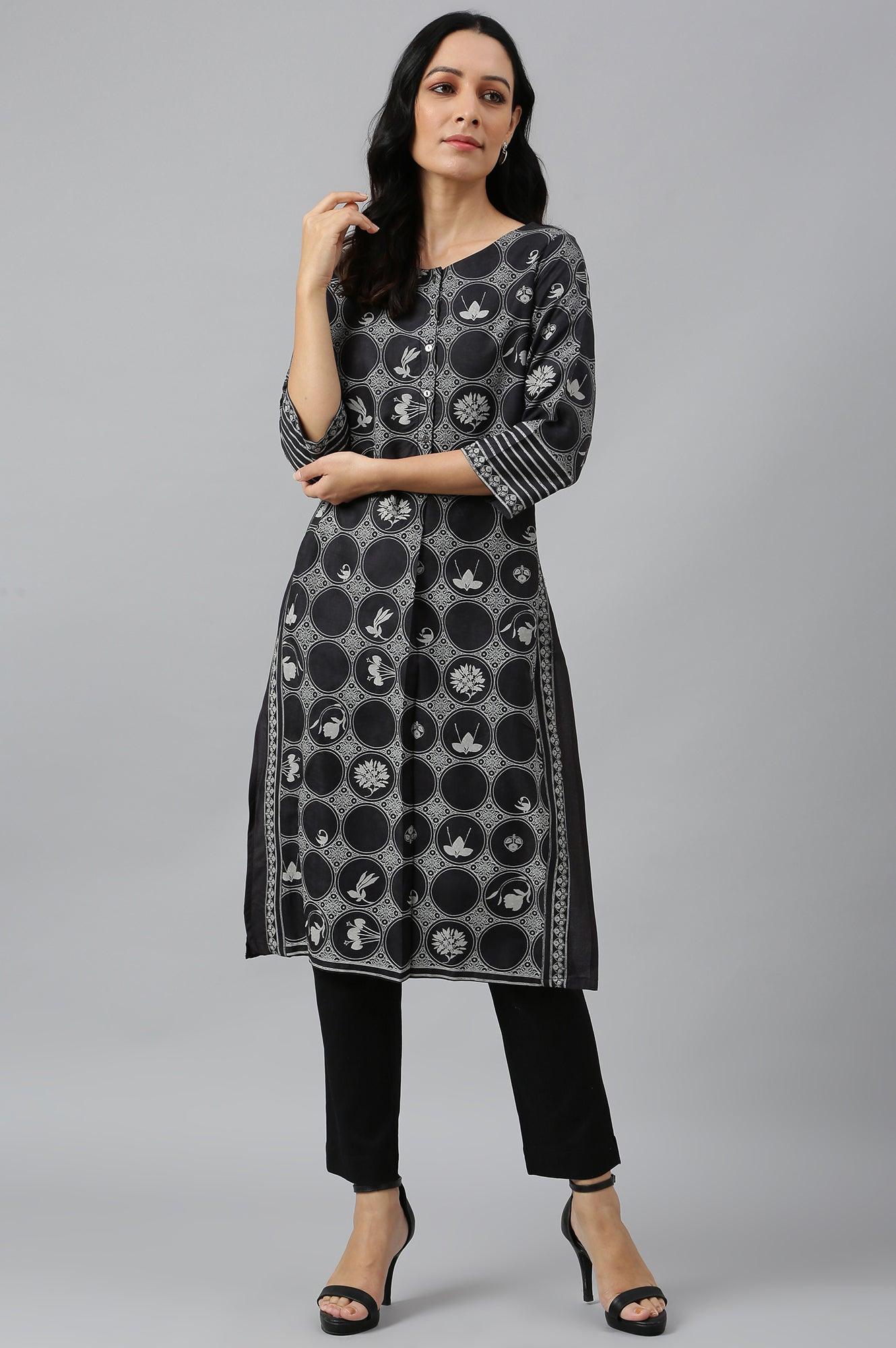 Midnight Black Printed kurta - wforwoman
