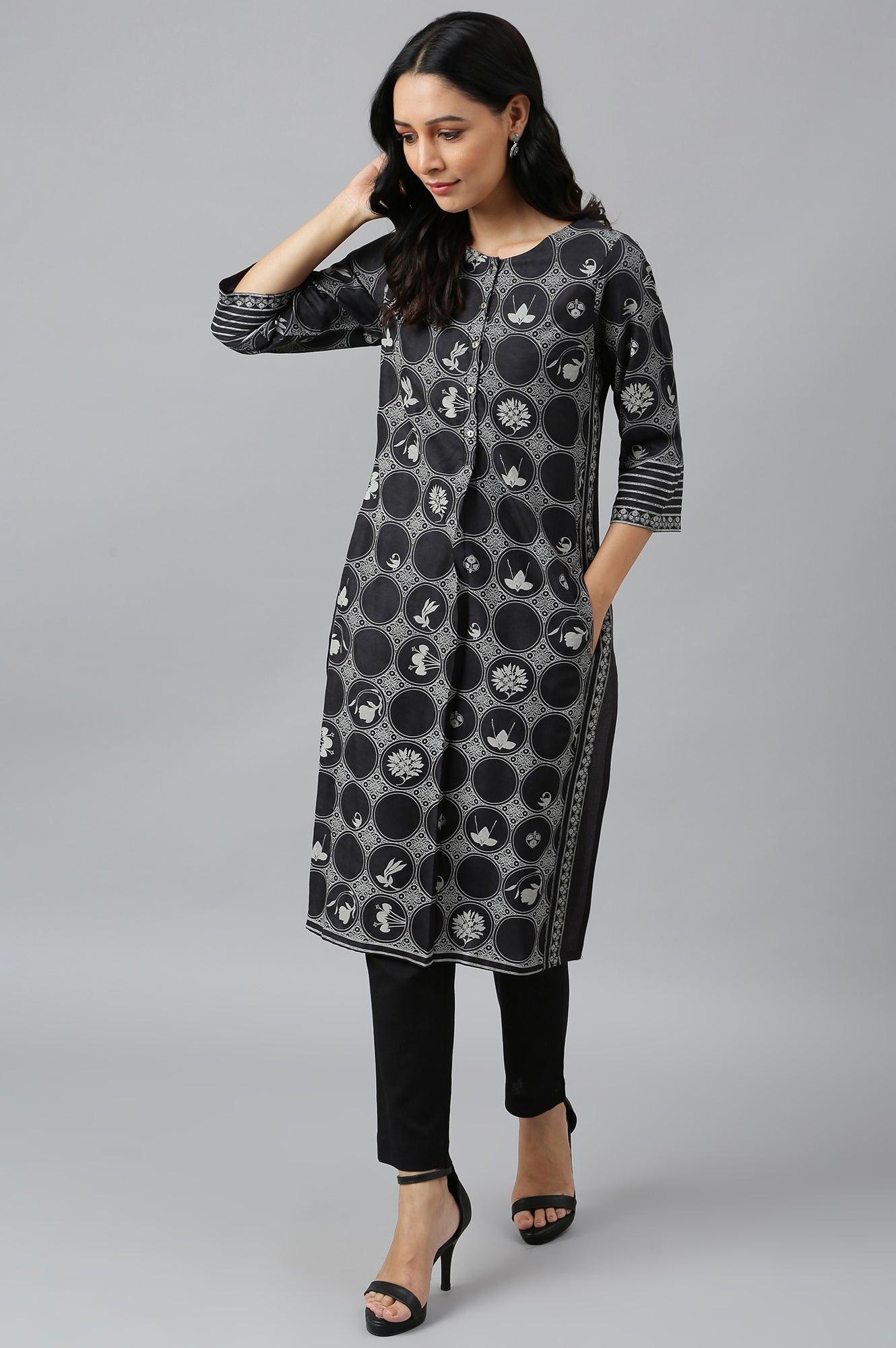 Midnight Black Printed kurta - wforwoman