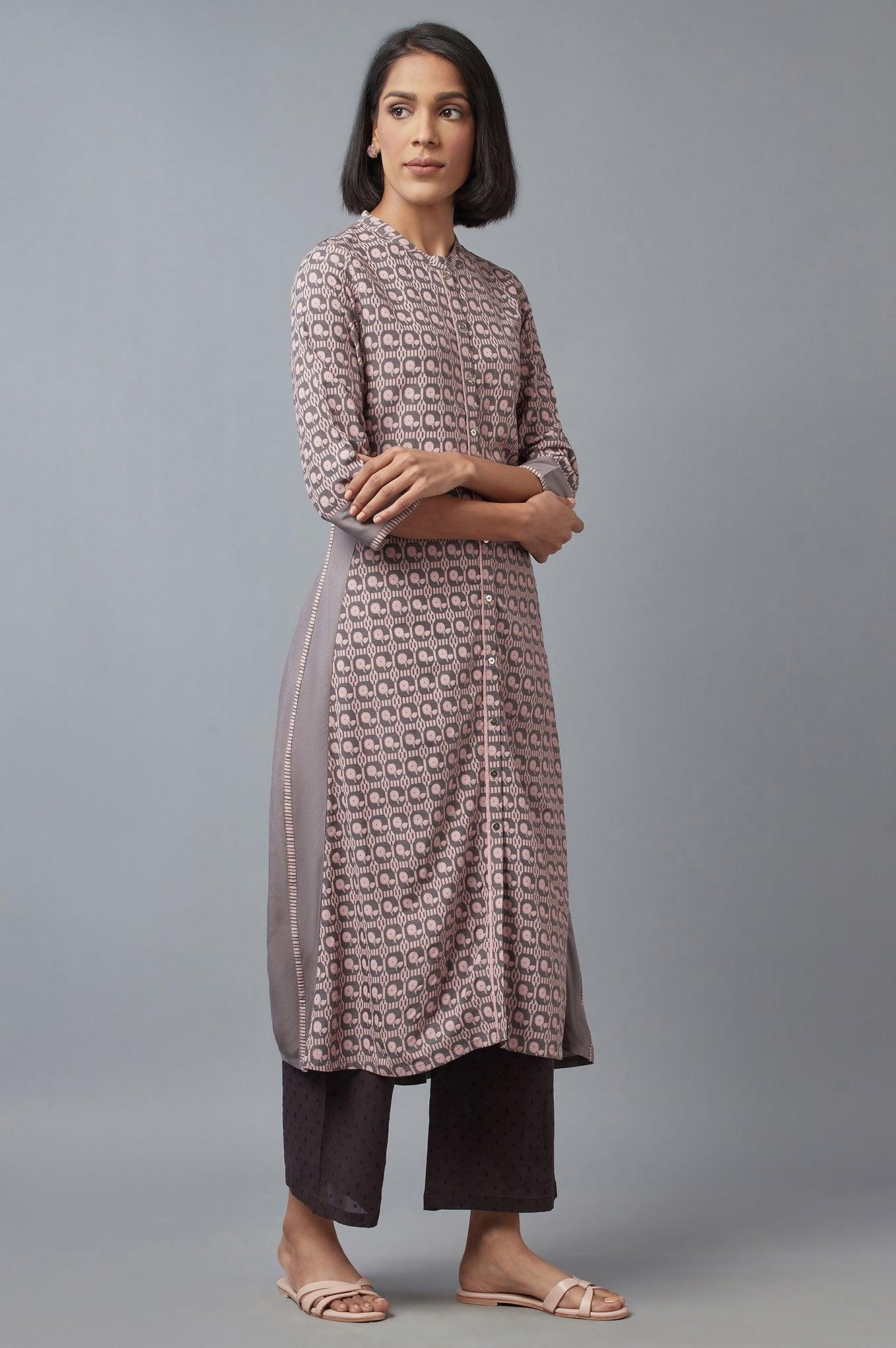 Pink and Grey Printed kurta - wforwoman