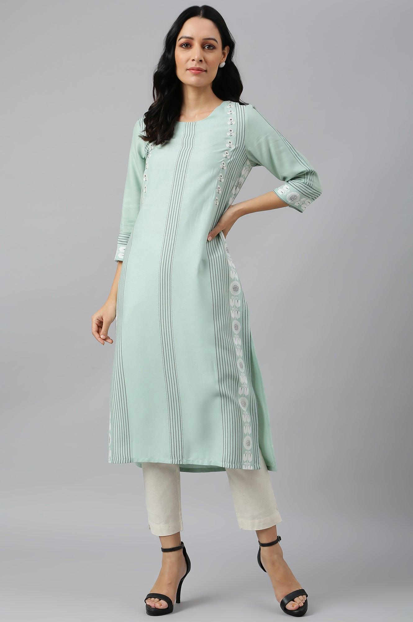 Green Printed kurta With Embroidery - wforwoman