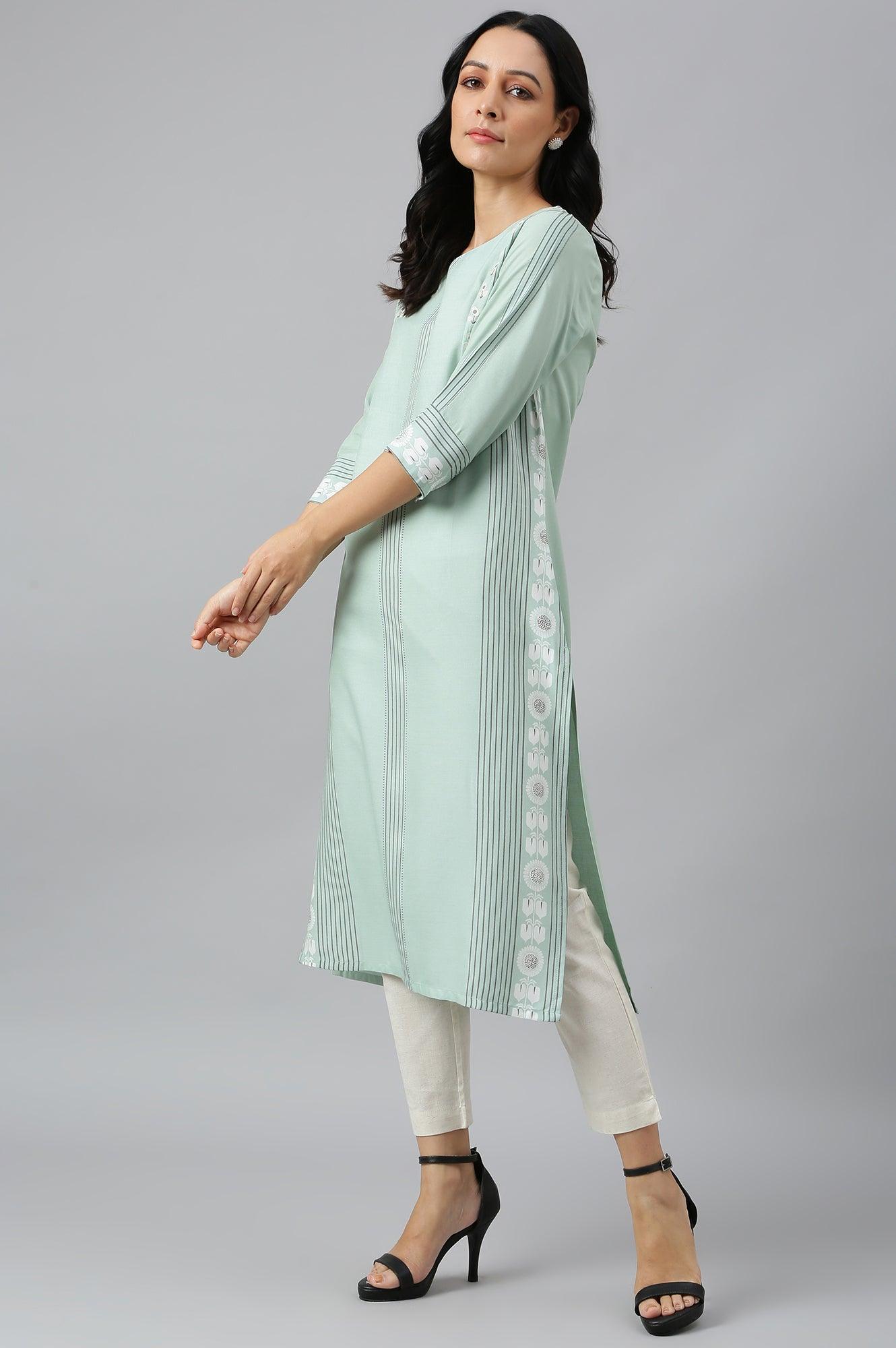 Green Printed kurta With Embroidery - wforwoman