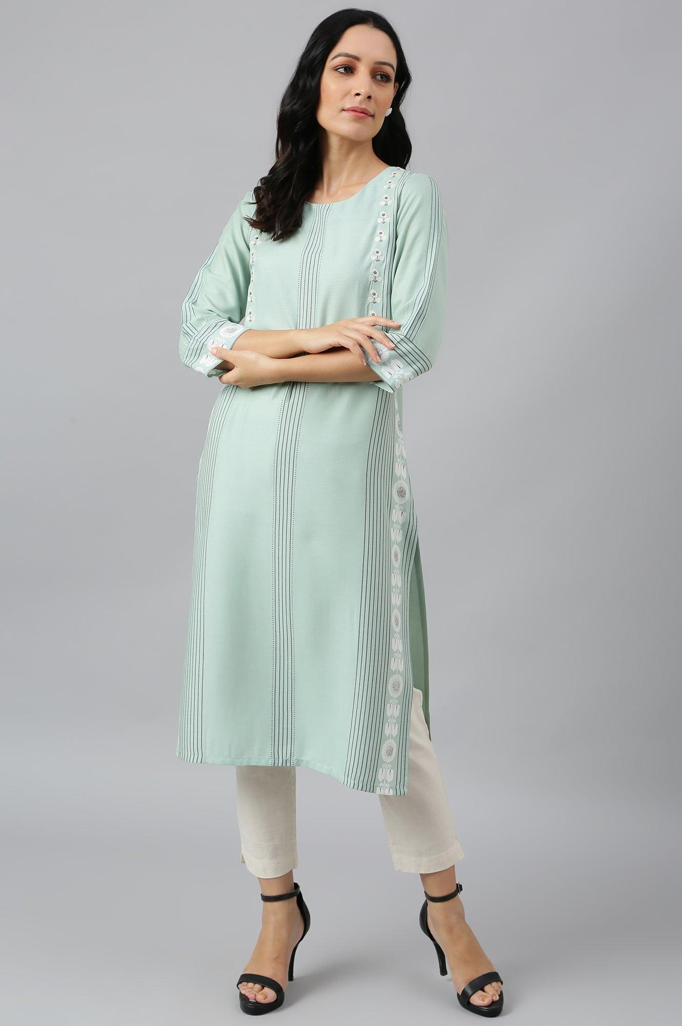 Green Printed kurta With Embroidery - wforwoman