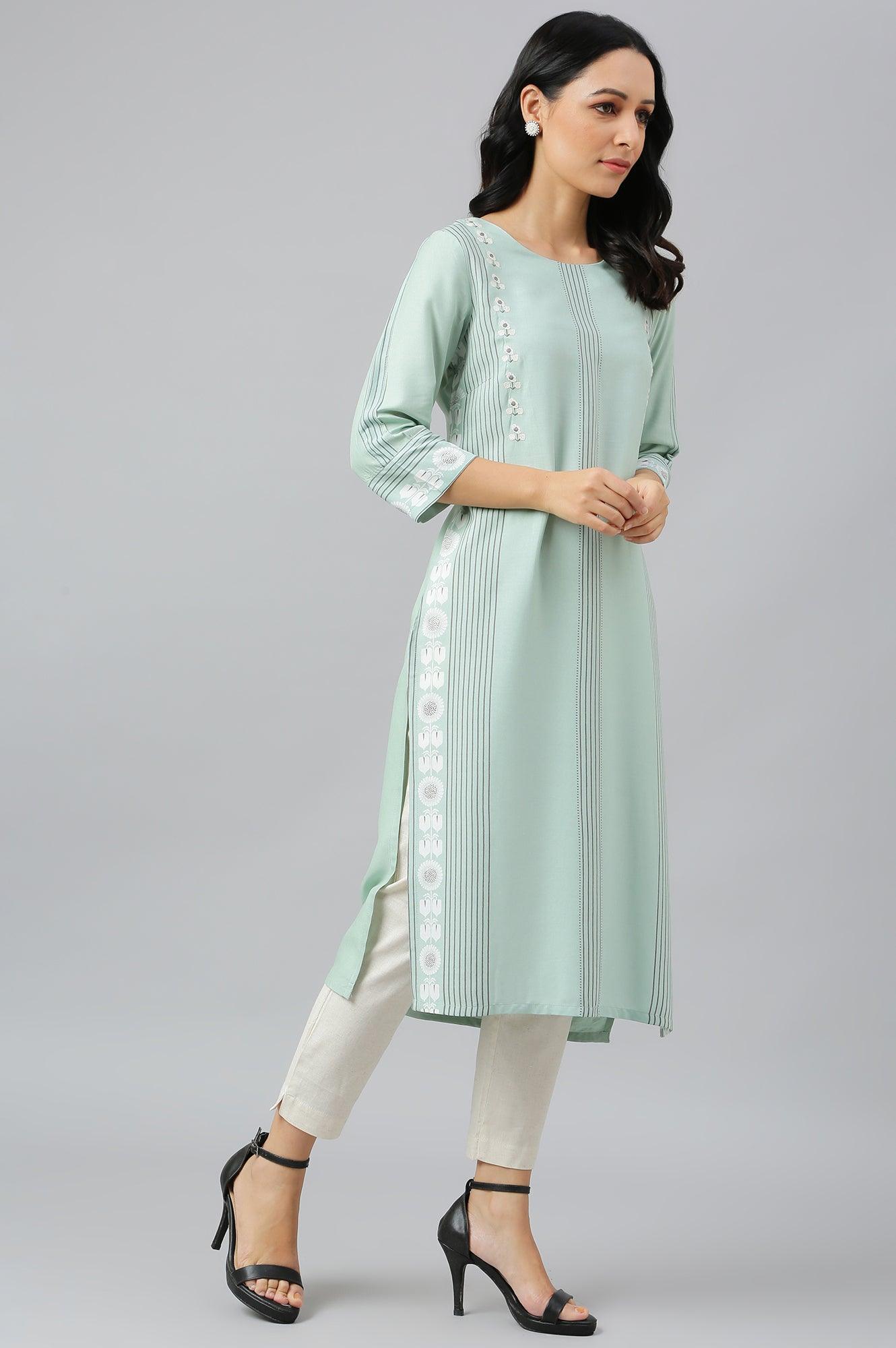 Green Printed kurta With Embroidery - wforwoman