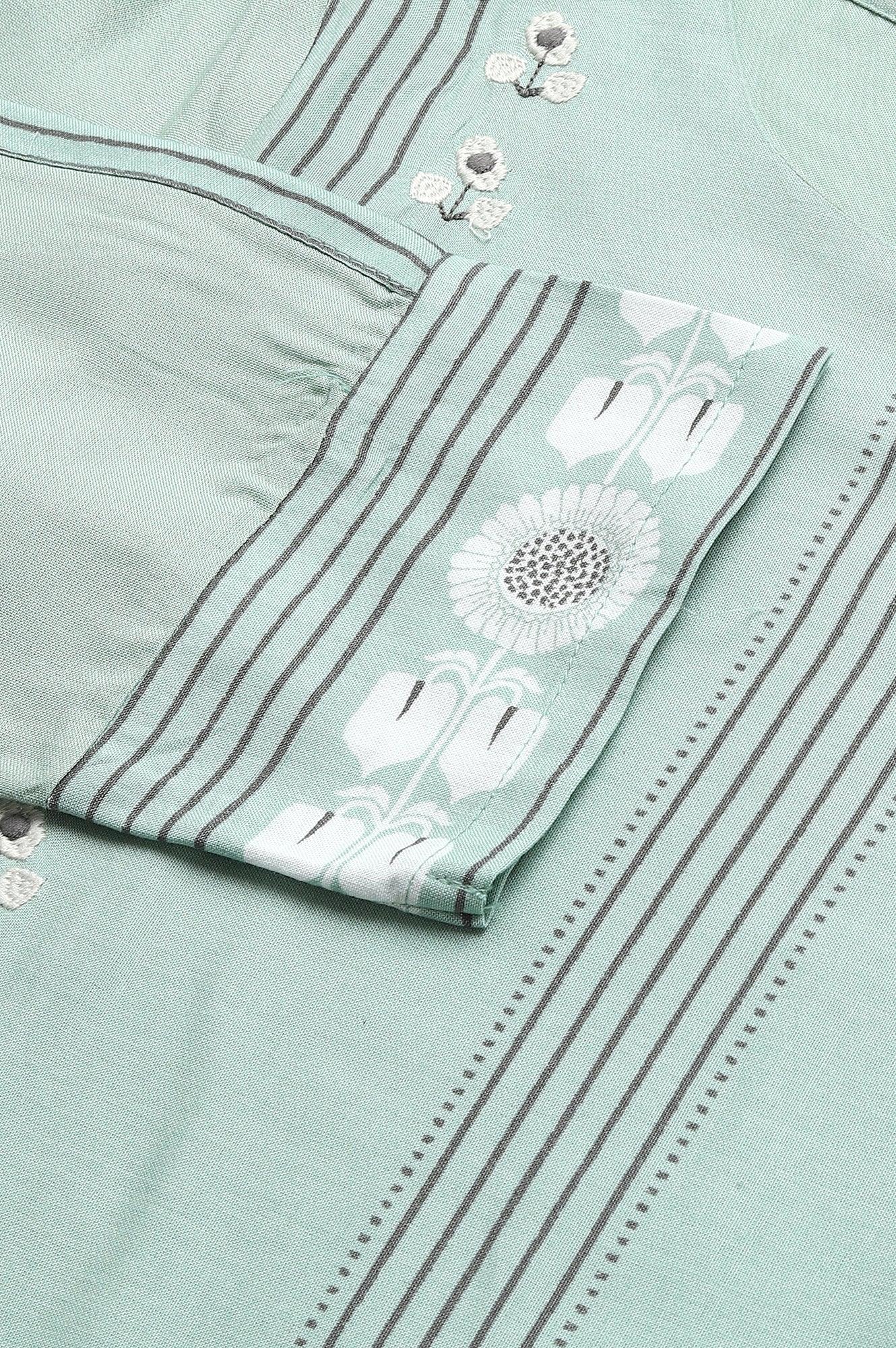 Green Printed kurta With Embroidery - wforwoman