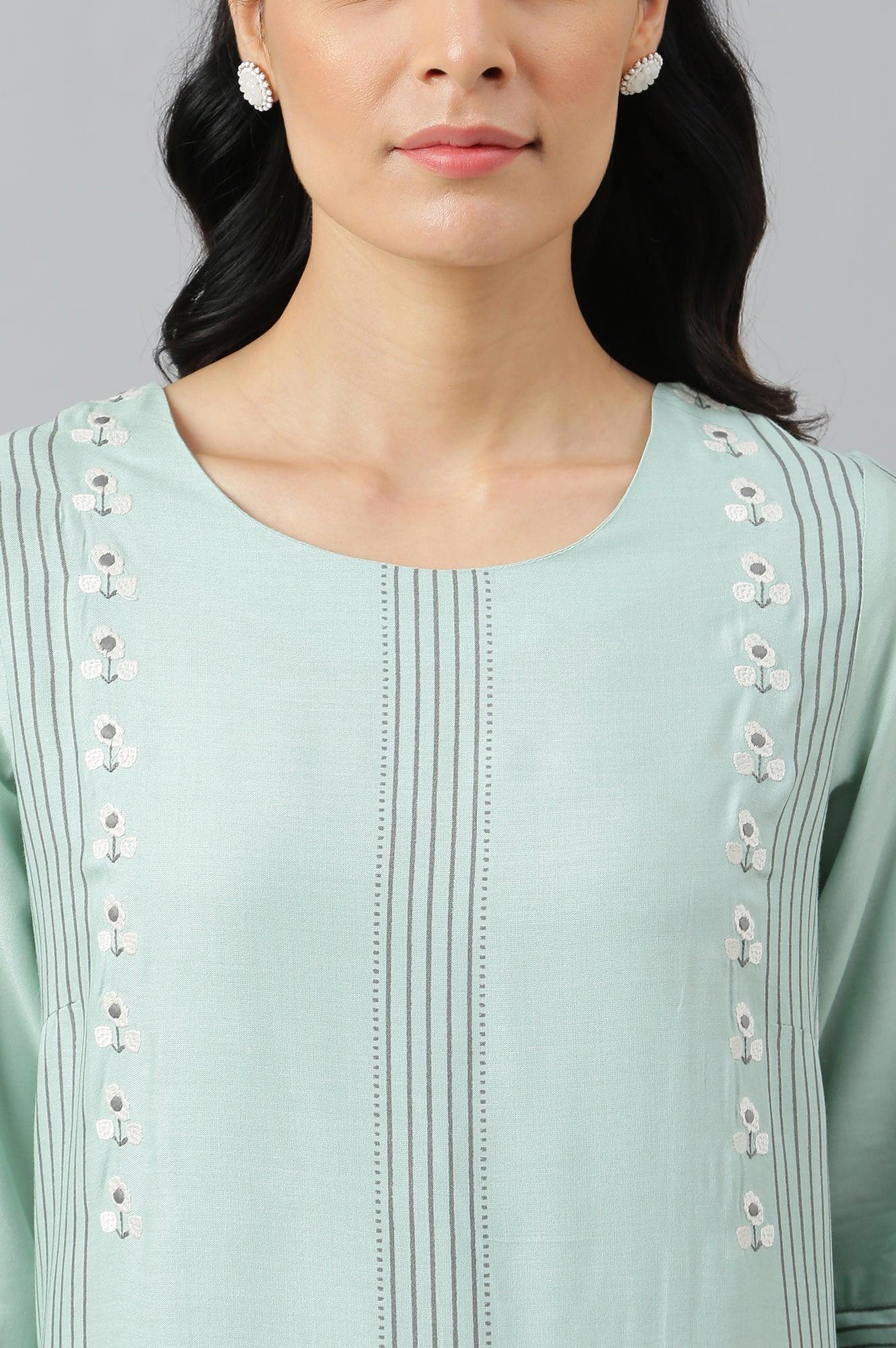 Green Printed kurta With Embroidery - wforwoman