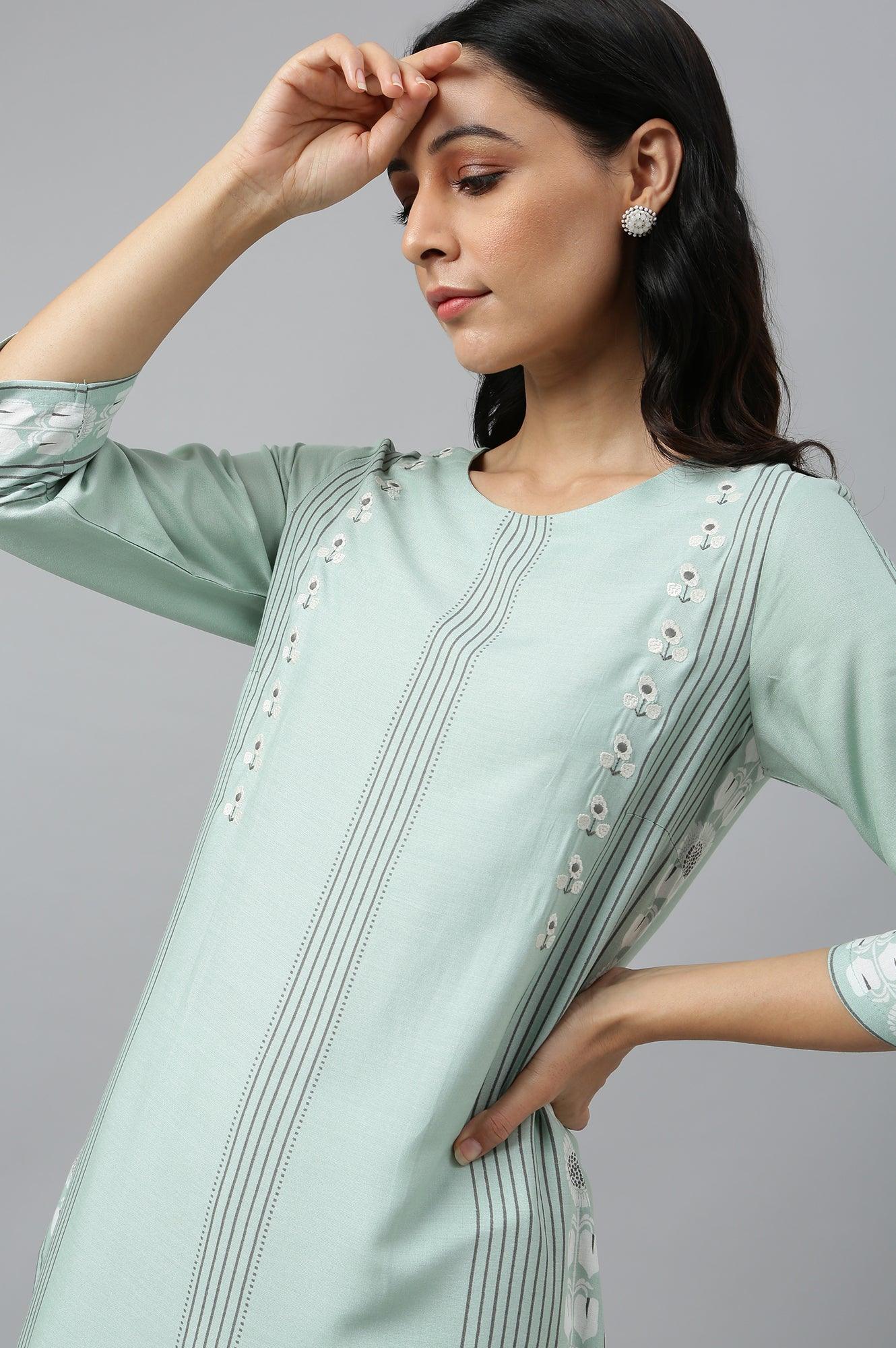 Green Printed kurta With Embroidery - wforwoman